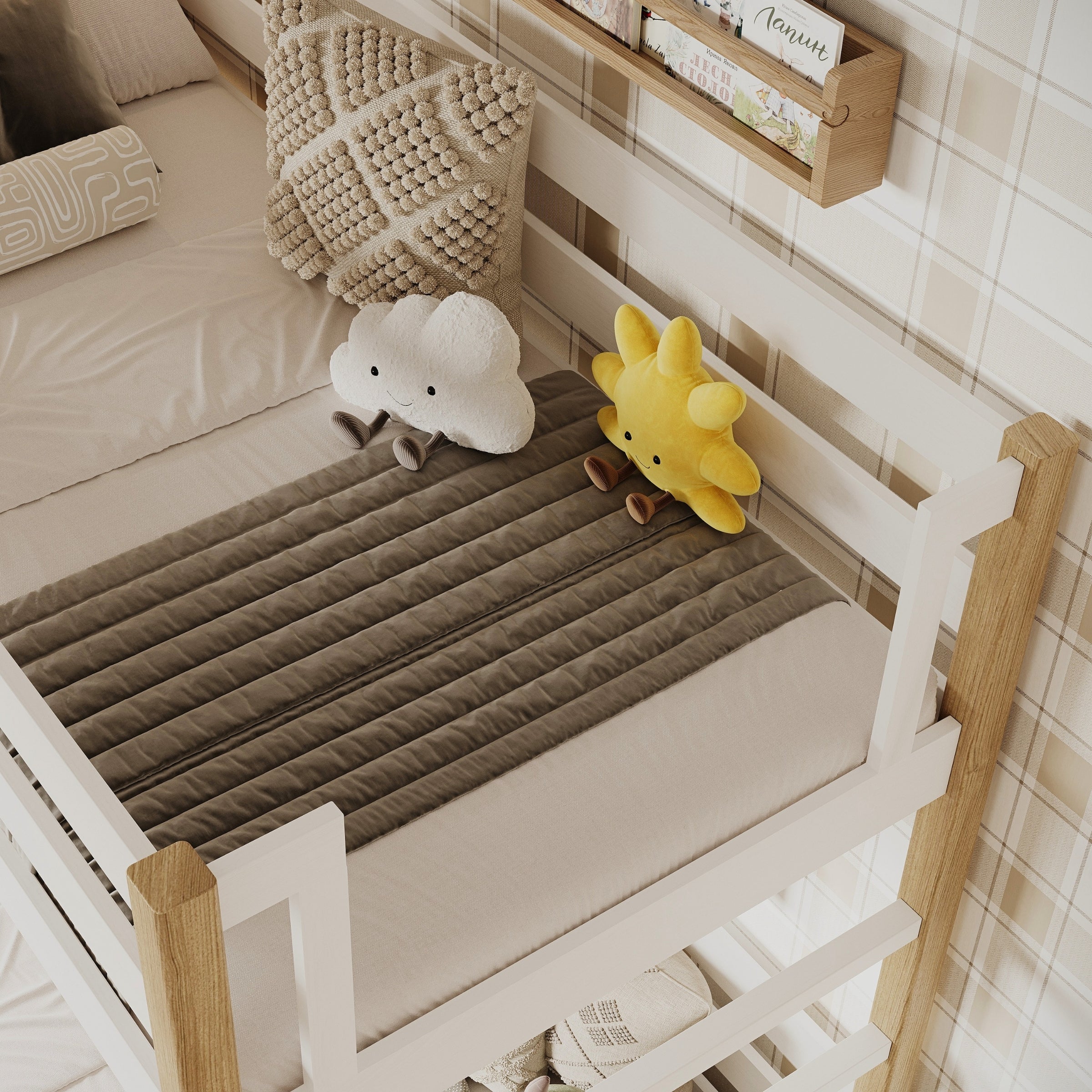 Stapelbed houten wit-eiken – details van verbindingen en ladder, kinderkamer