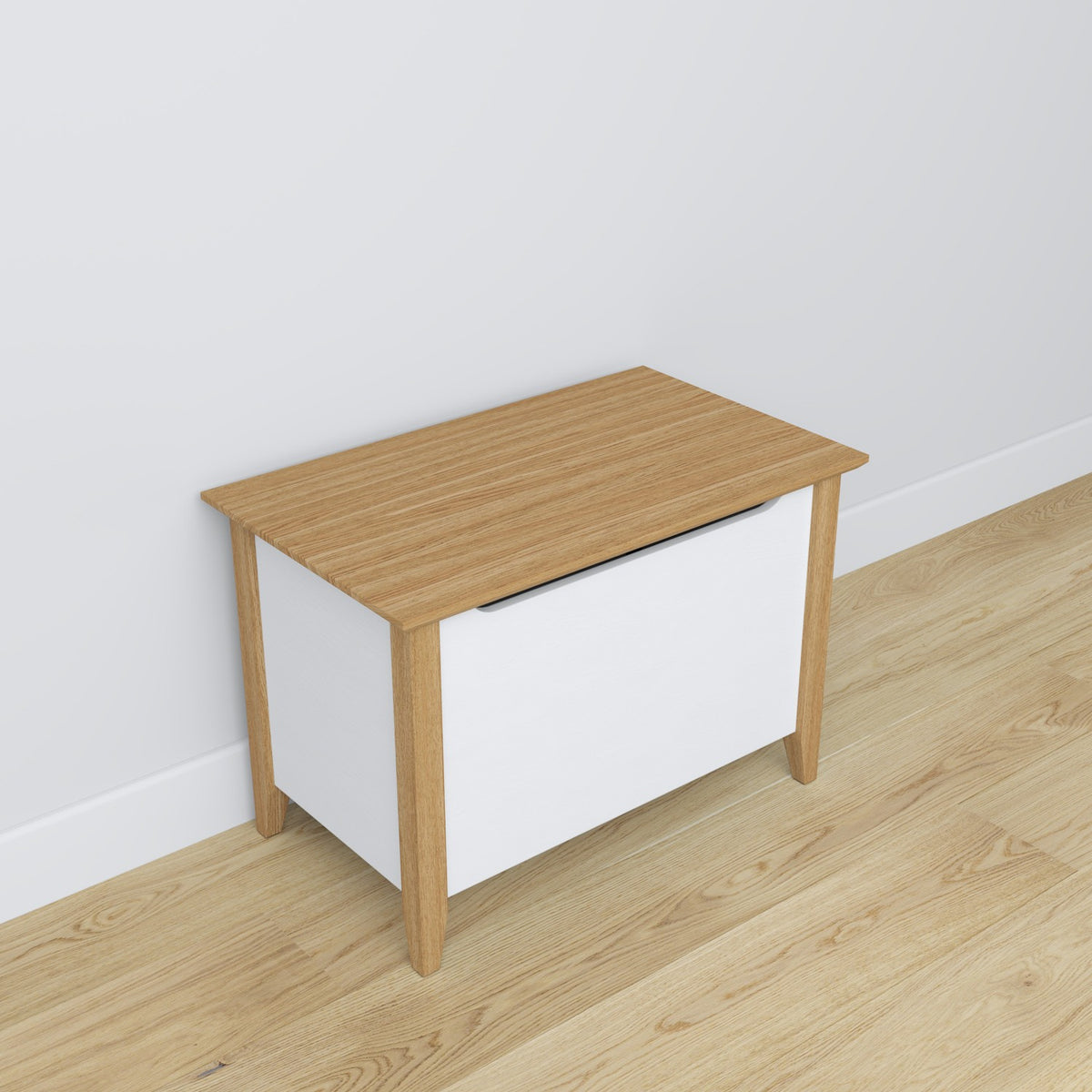 Coffre en bois blanc avec chêne dans le salon ou la chambre – décoration scandinave