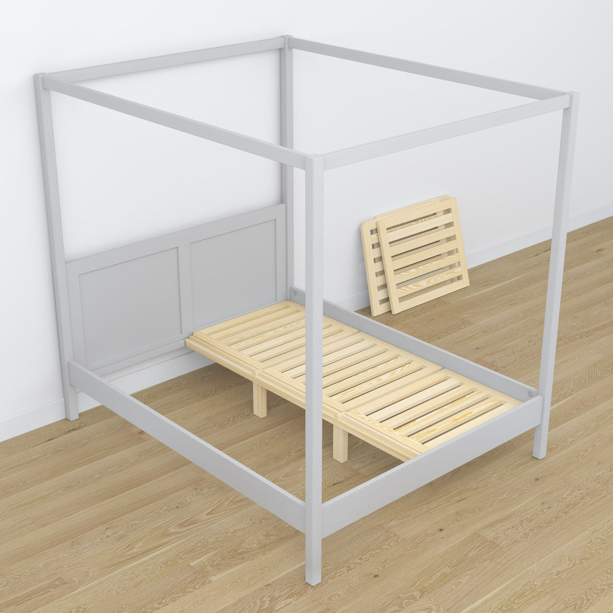 Bed met hemelbed grijs van hout – schuin aanzicht, slaapkamer
