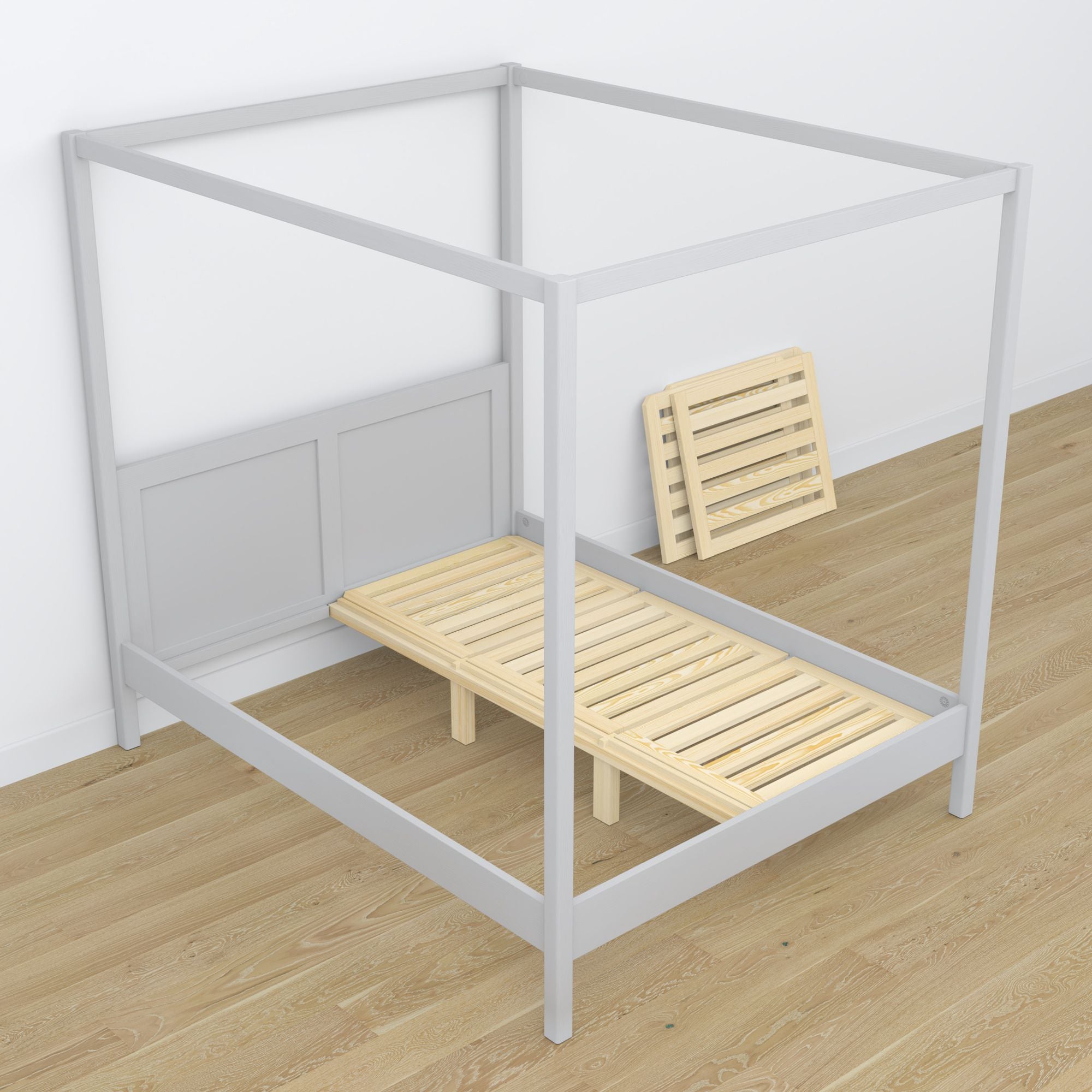 Bed met hemelbed grijs van hout – schuin aanzicht, slaapkamer