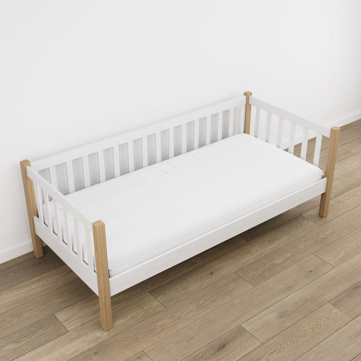 Slaapbank wit met eiken – houten poten en onderstel, close-up van details