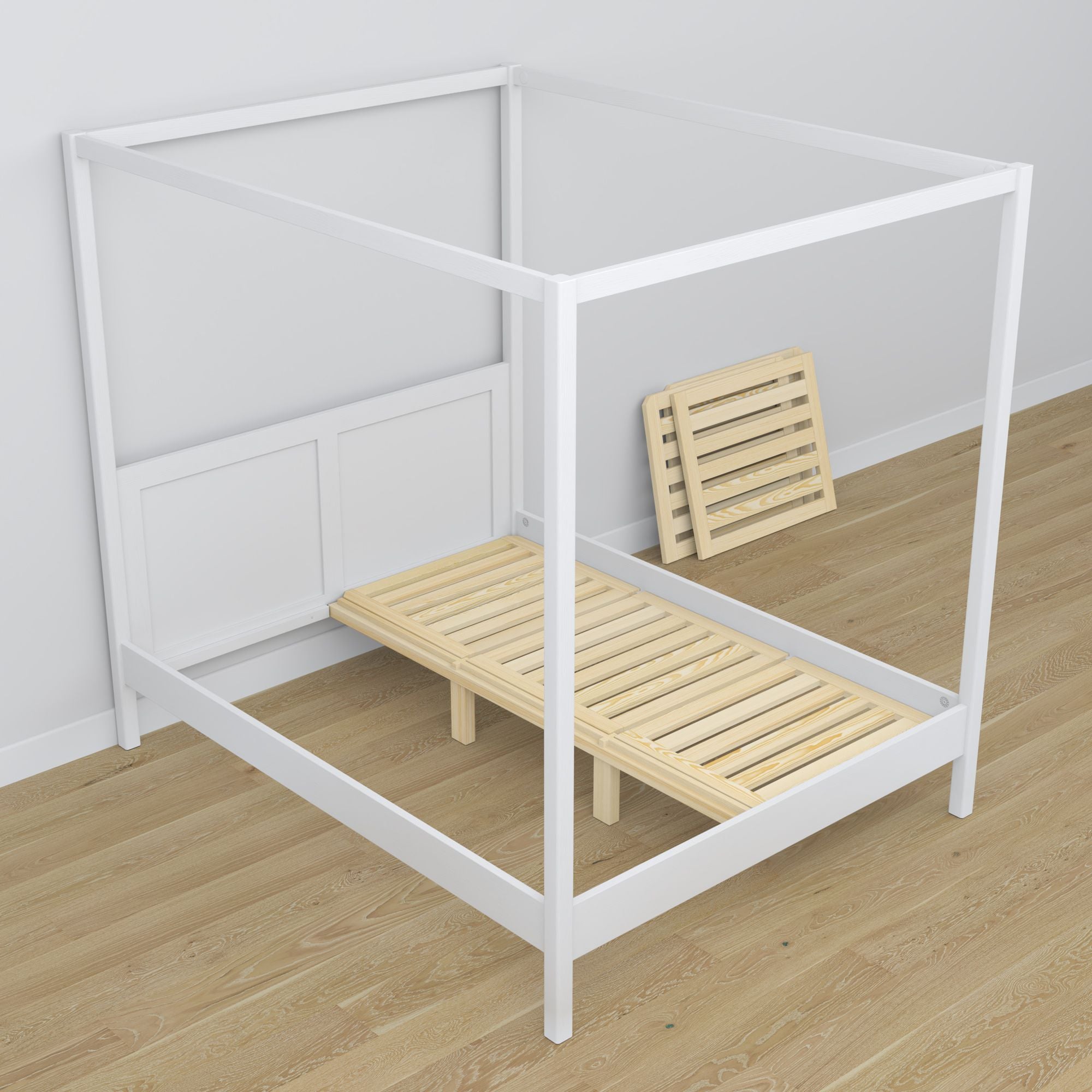 Bed met hemelbed wit van hout – schuin aanzicht, slaapkamer