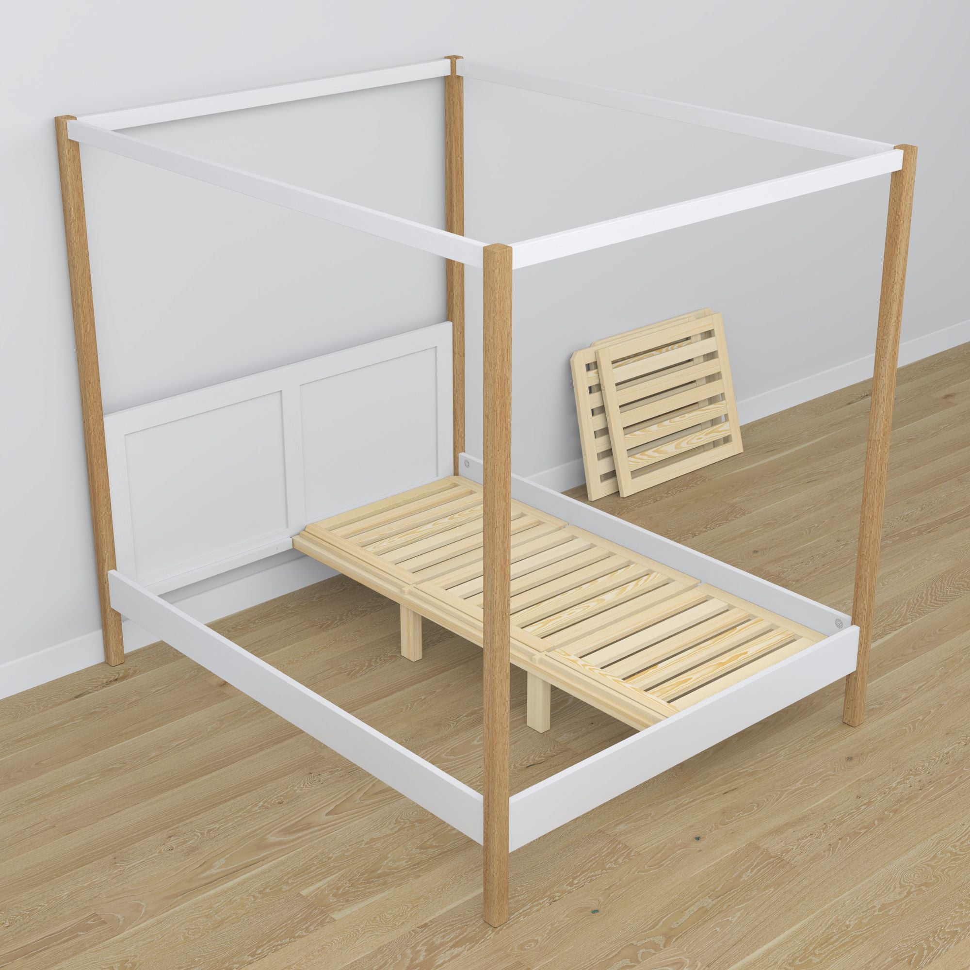 Bed met hemelbed wit-eiken van hout – schuin aanzicht, slaapkamer