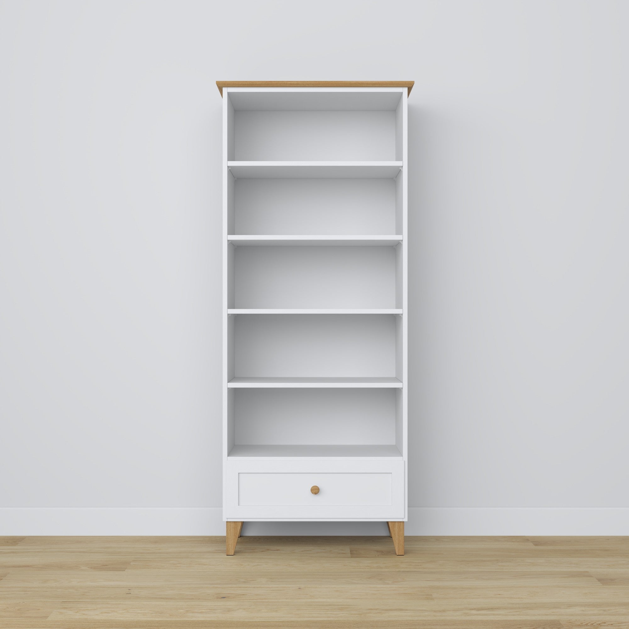 Bookcase 1S 80 white with oak – wooden, full height, front view, Nizio