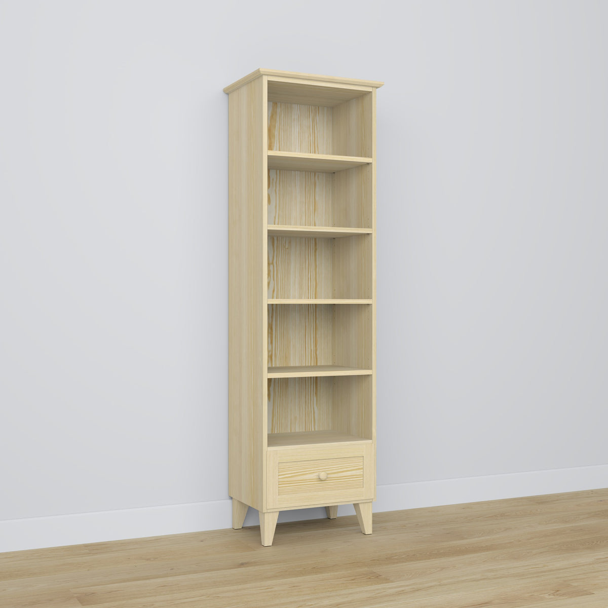 Bookcase 1S 57 clear pine – pine, all shelves, front view, Nizio
