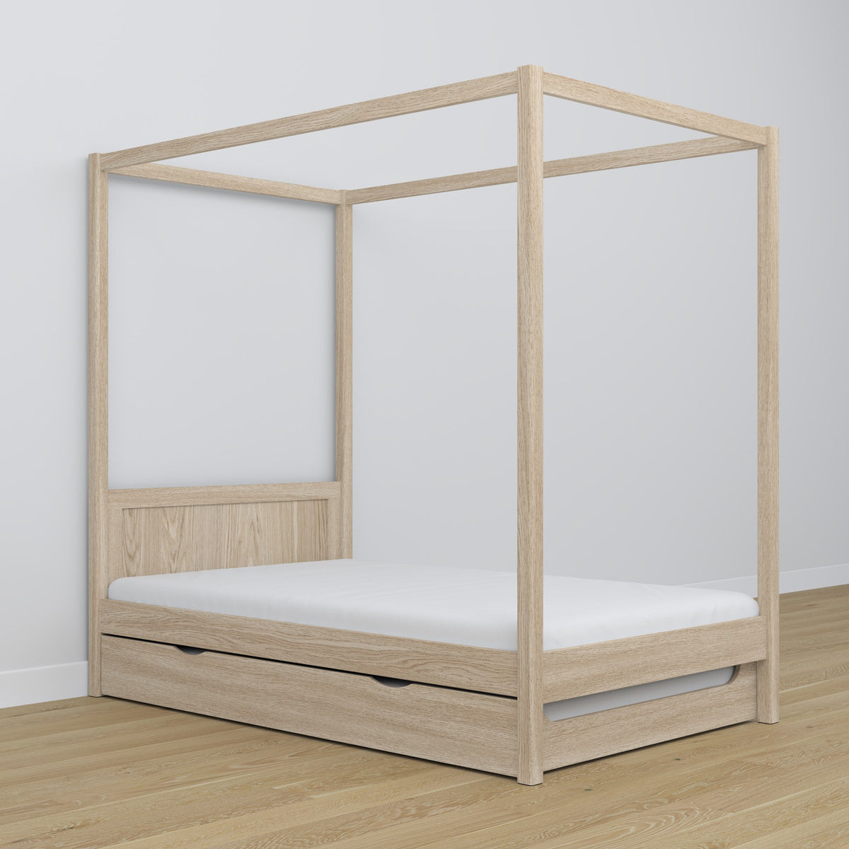 Bed gewit eiken met hemel – lade voor extra matras, eiken