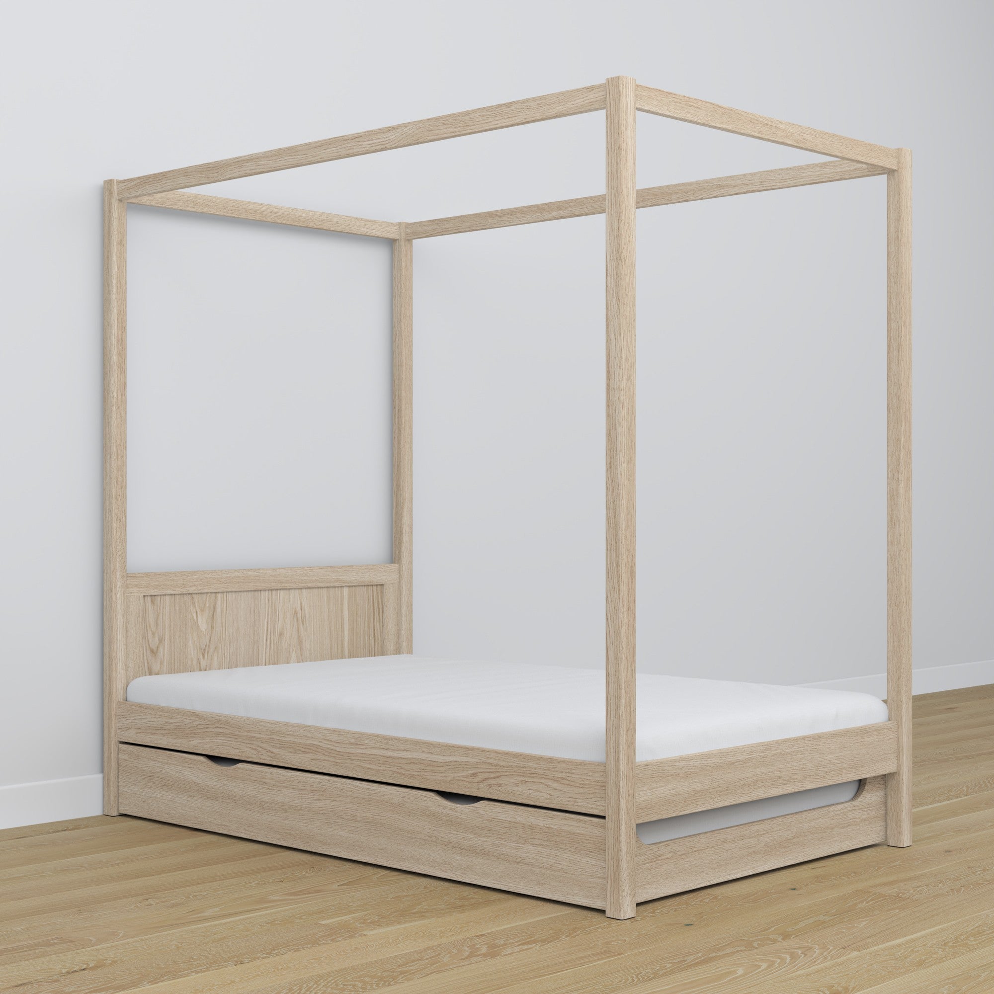 Bed gewit eiken met hemel – lade voor extra matras, eiken