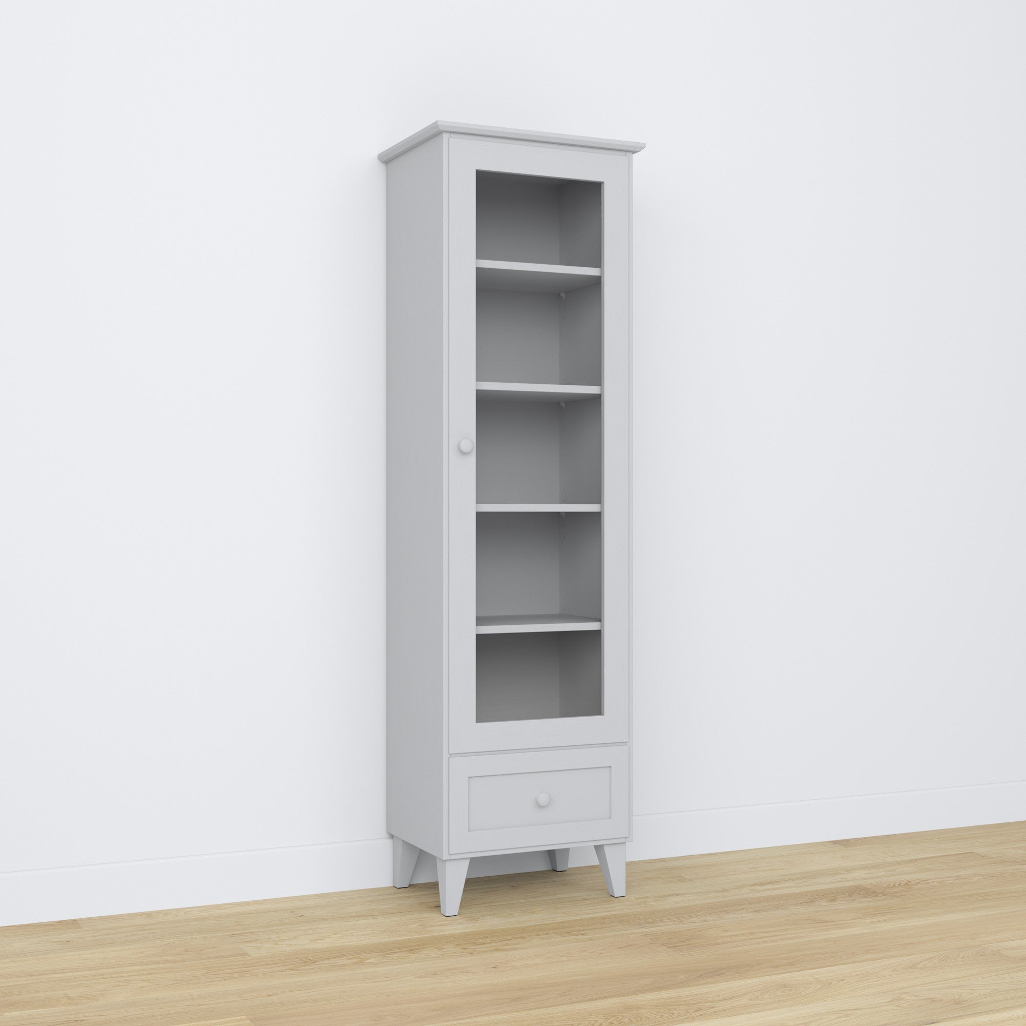 Display cabinet 1S 57 grey – wooden, glass door, front view
