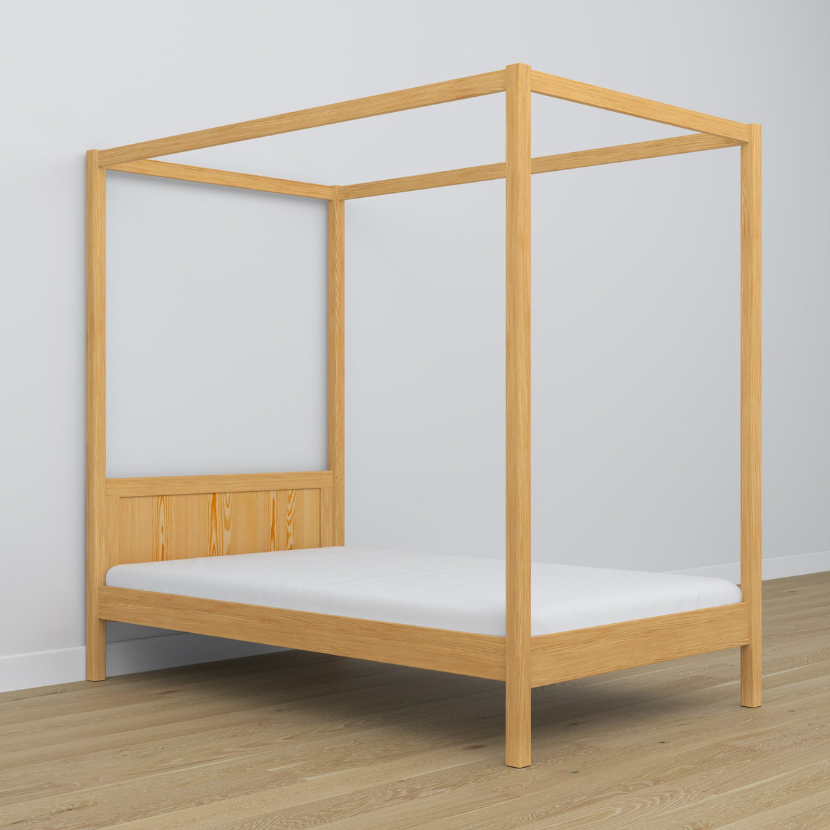Natural pine canopy bed – decorative wooden frame, safe for children