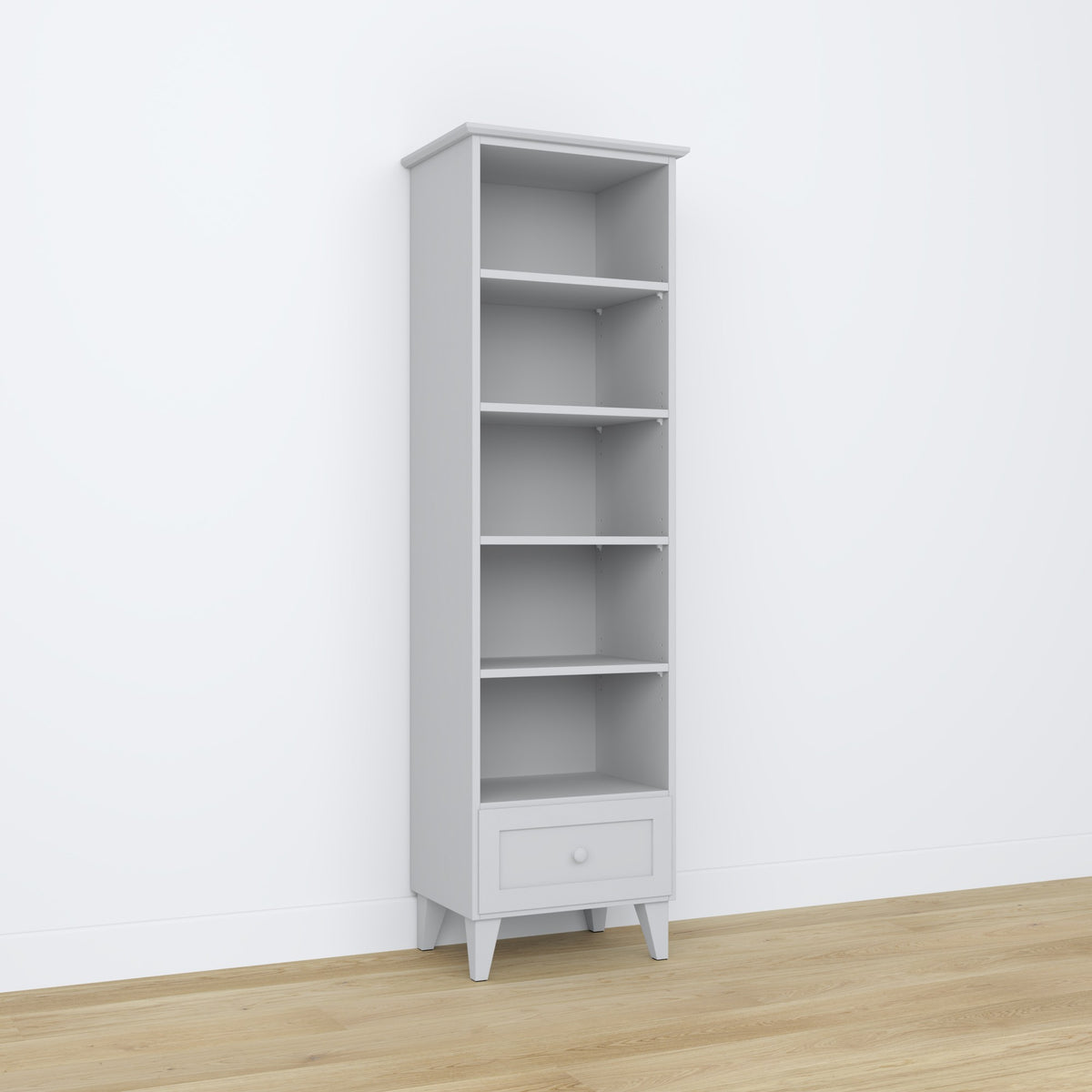 Bookcase 1S 57 grey – wooden, all shelves, front view, Nizio