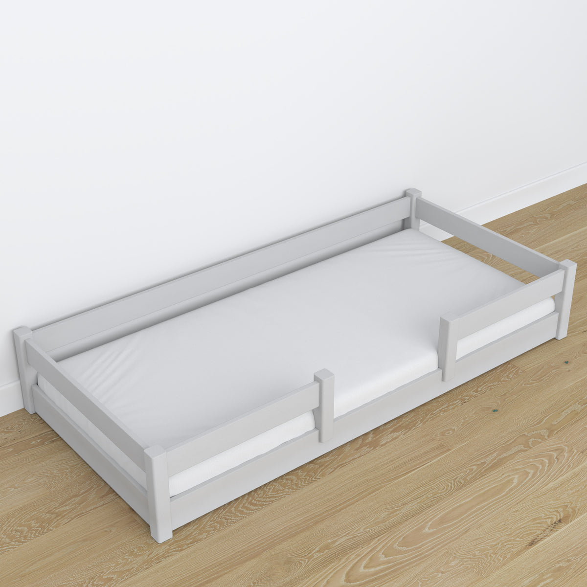 Laag houten bed grijs – laag frame, zijaanzicht, slaapkamer Scandinavische stijl