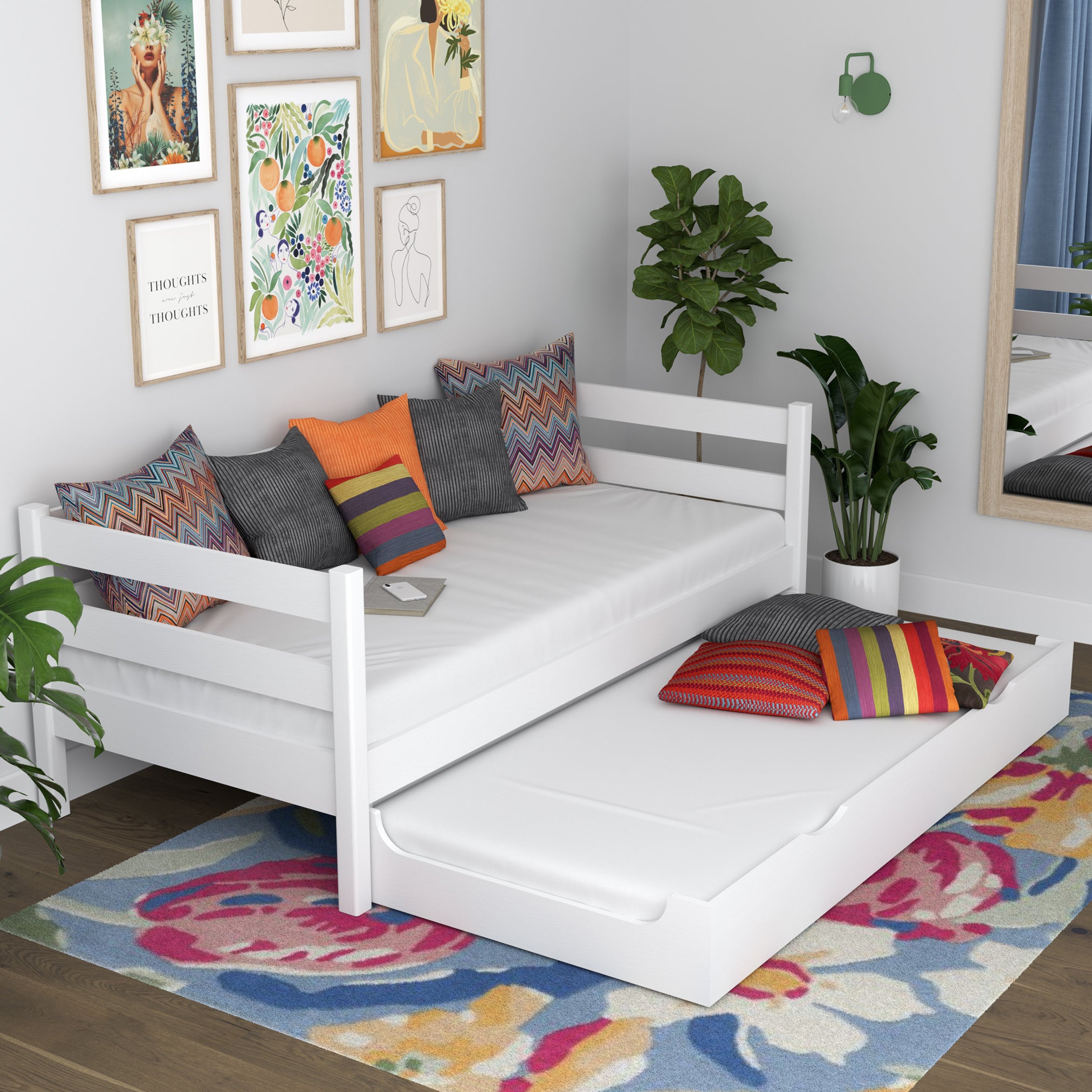 Houten slaapbank wit – uitgetrokken lade voor matras, voor gasten