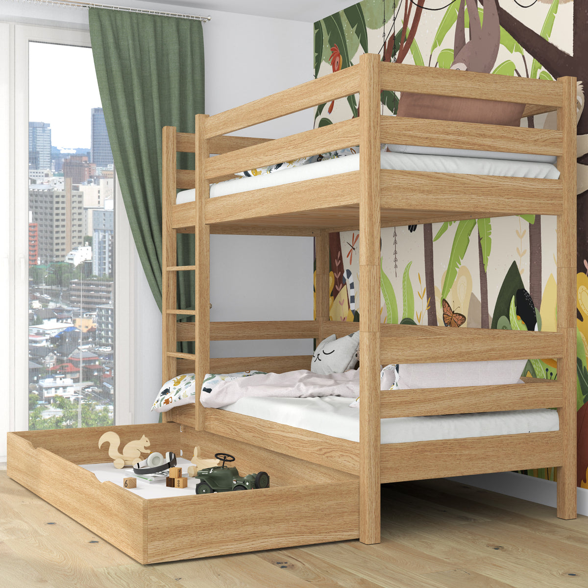 Natural Oak Bunk Bed with Drawer – Oak Safety Rail and Ladder, Nizio
