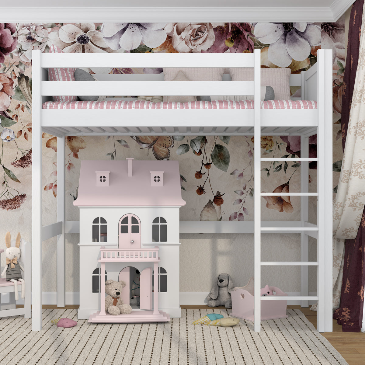 Hoogslaper wit – houten ladder en bedhekje, Nizio Home