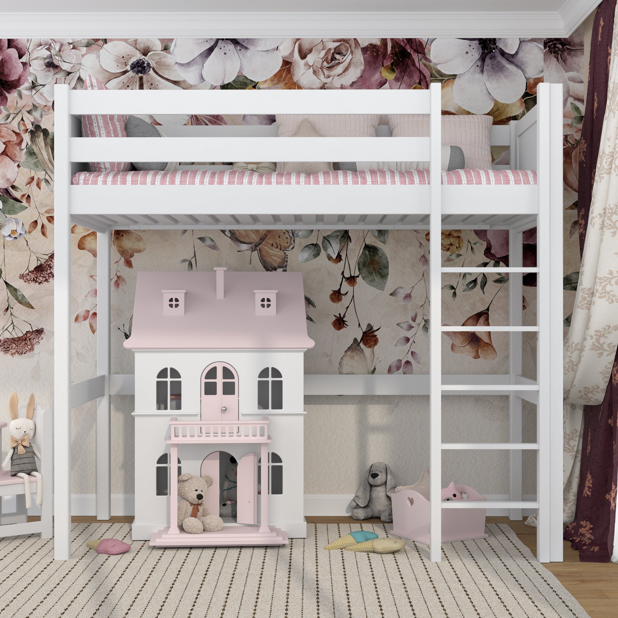 Hoogslaper wit – houten ladder en bedhekje, Nizio Home