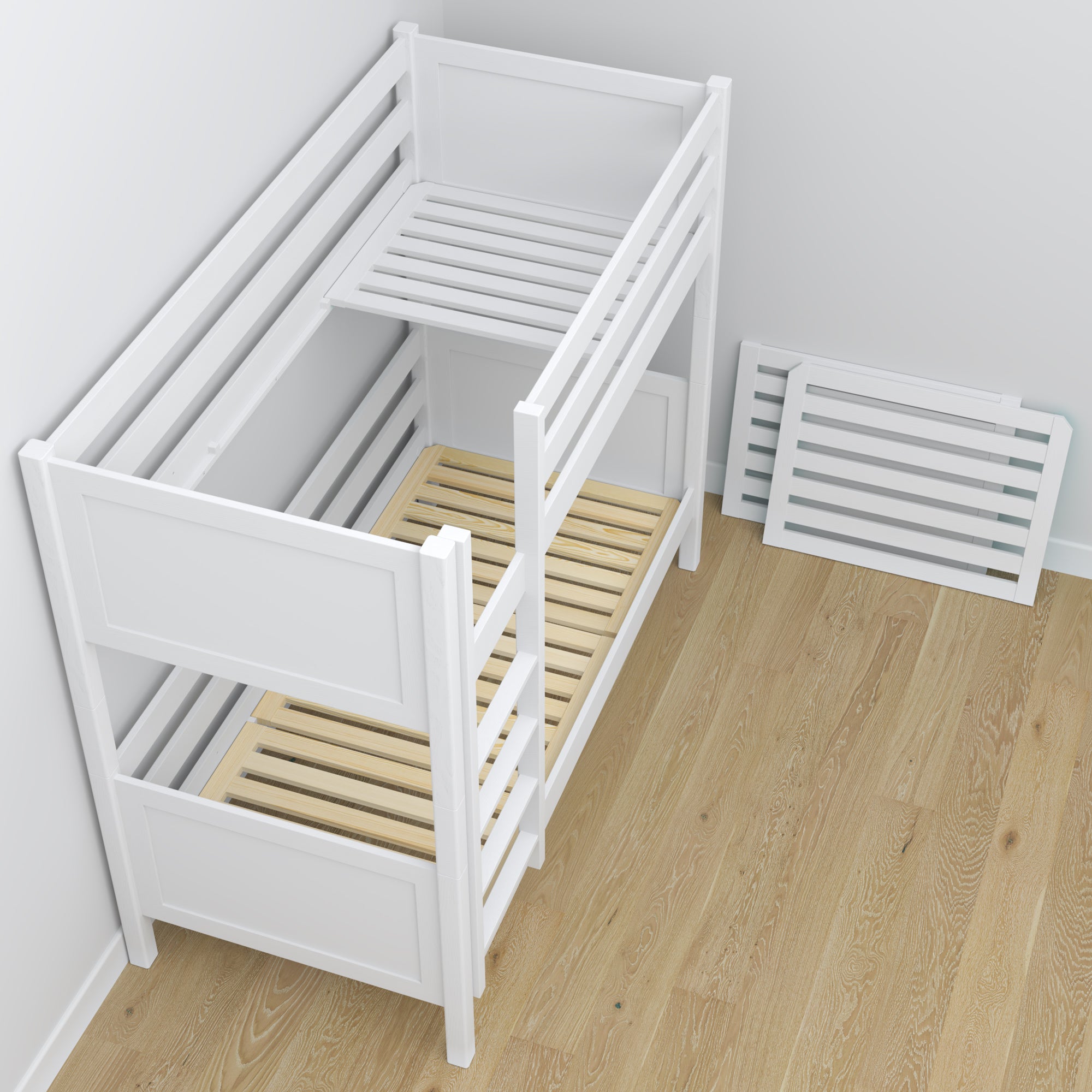 White Wooden Bunk Bed with Drawer – Scandinavian Design, Nizio