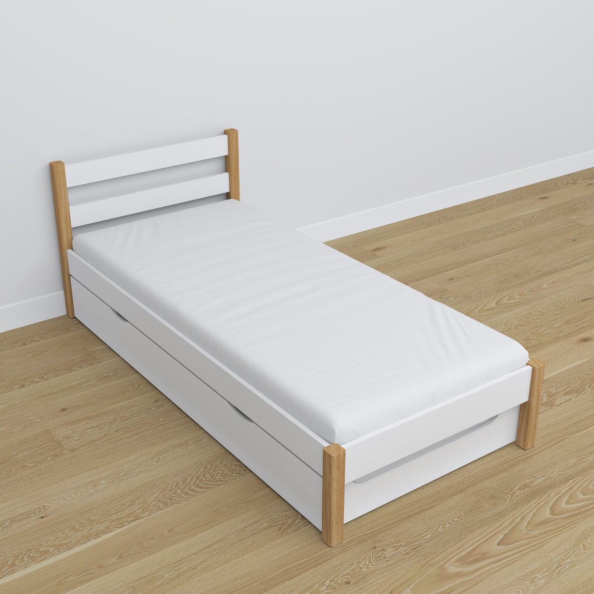 Bed with mattress drawer white-oak made of wood – dimensions, Nizio