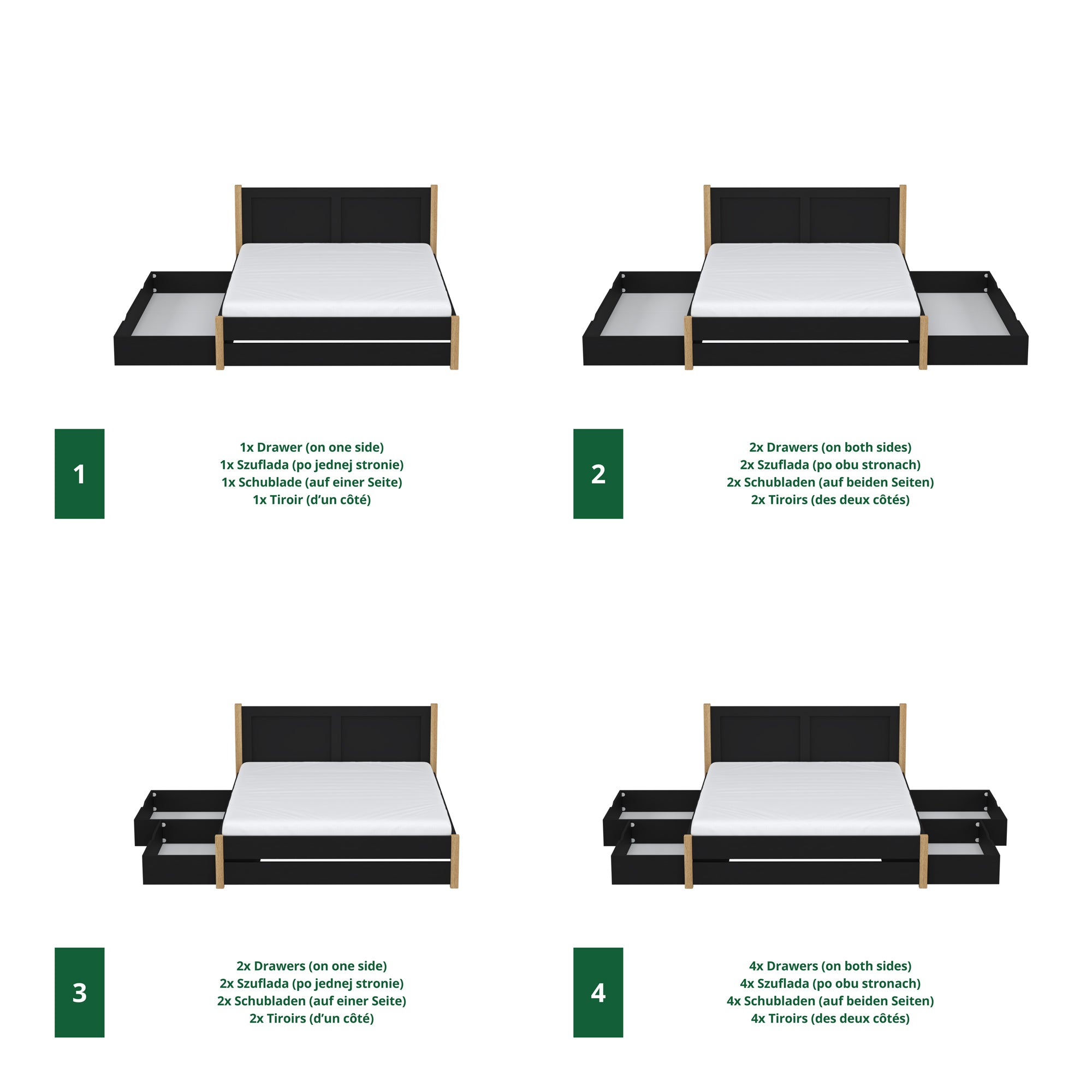 Double bed black with oak and drawer in bedroom – Scandinavian arrangement