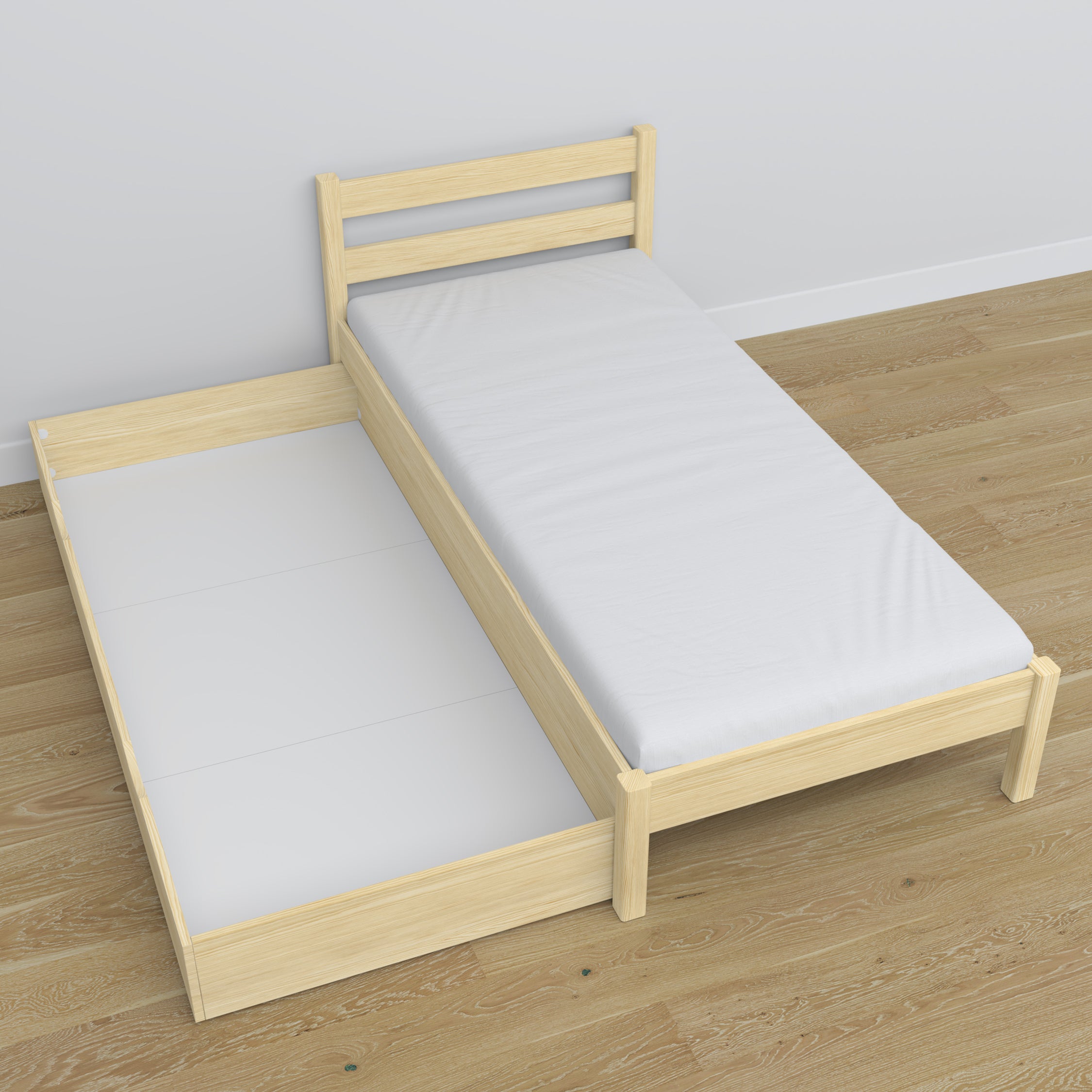 Clear pine bed with drawer – runners and wooden details, Nizio