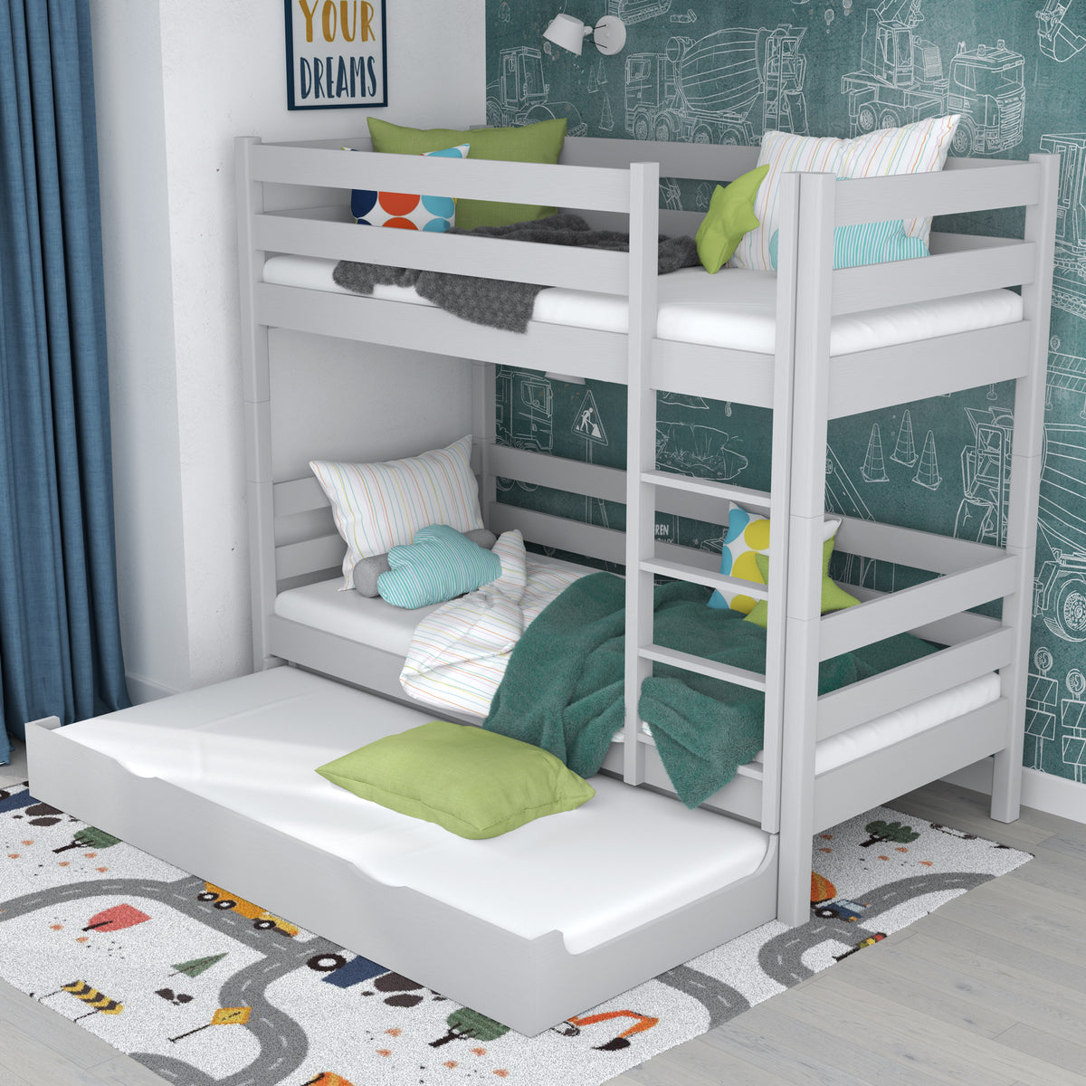 Stapelbed grijs voor kinderen – lade voor matras, houten, Nizio