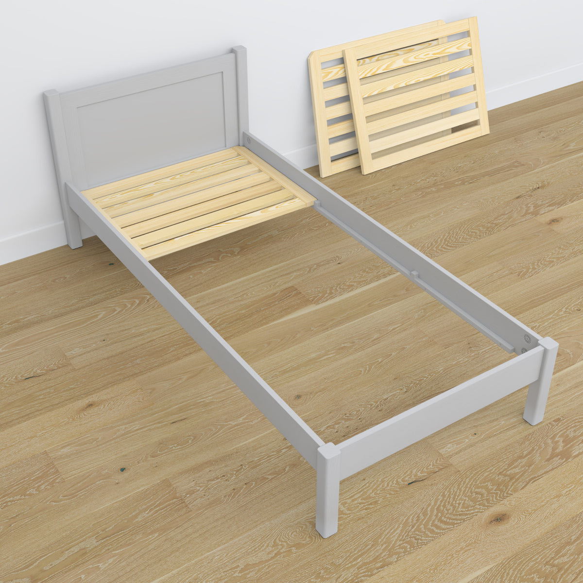 Single wooden bed grey – angled view, scandi children’s room