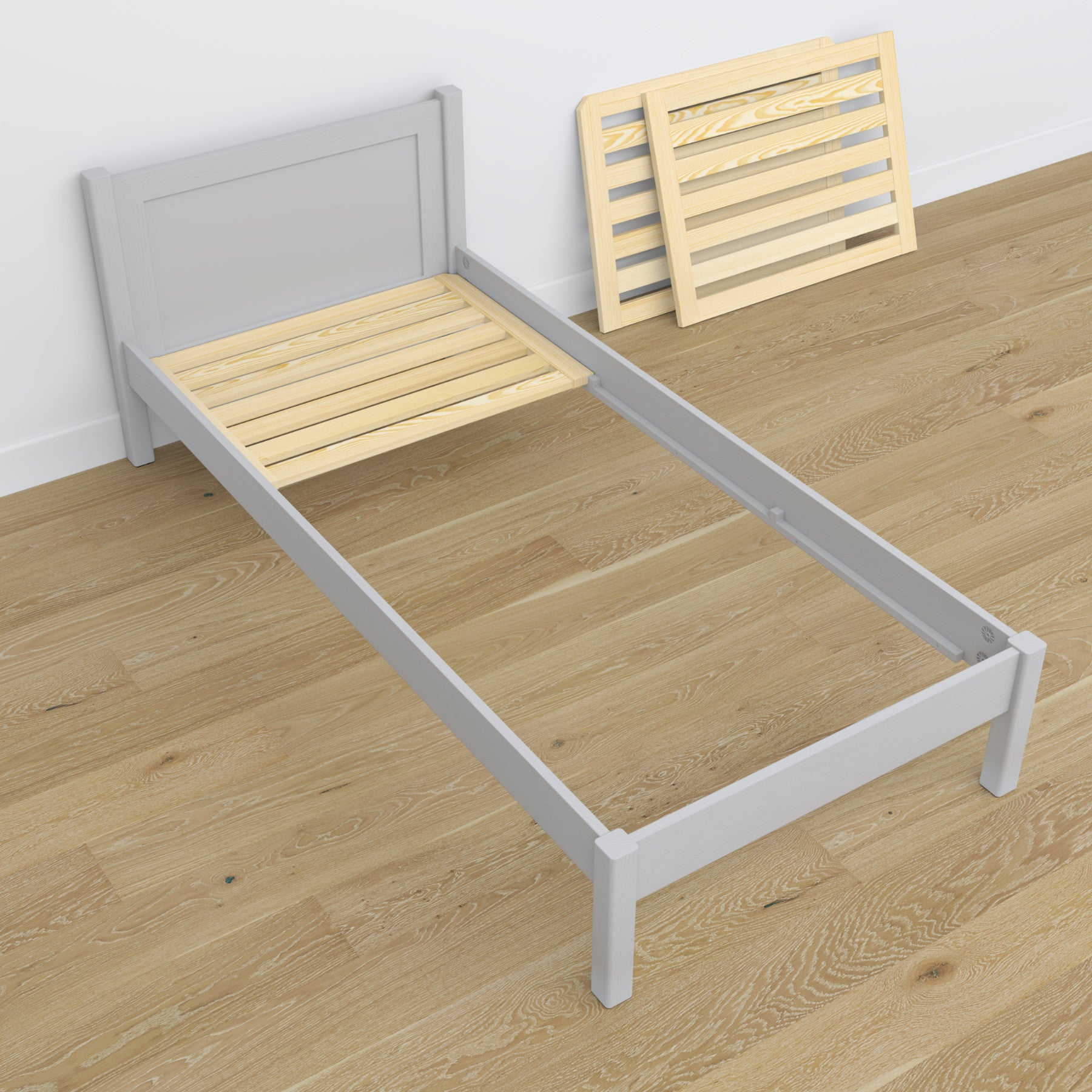 Single wooden bed grey – angled view, scandi children’s room