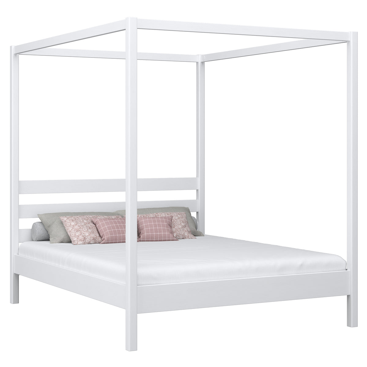 Houten tweepersoonsbed met hemelbed N01 wit – algemeen aanzicht, massief grenenhout