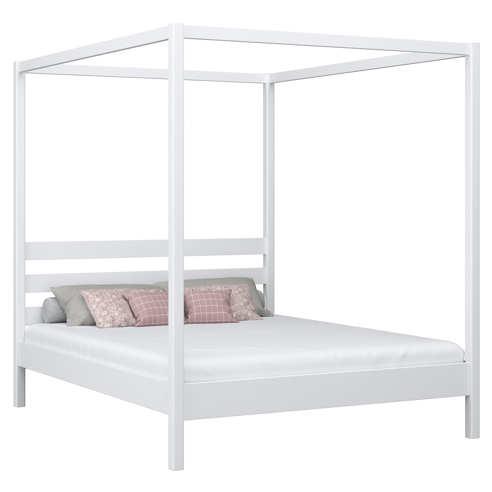 Houten tweepersoonsbed met hemelbed N01 wit – algemeen aanzicht, massief grenenhout