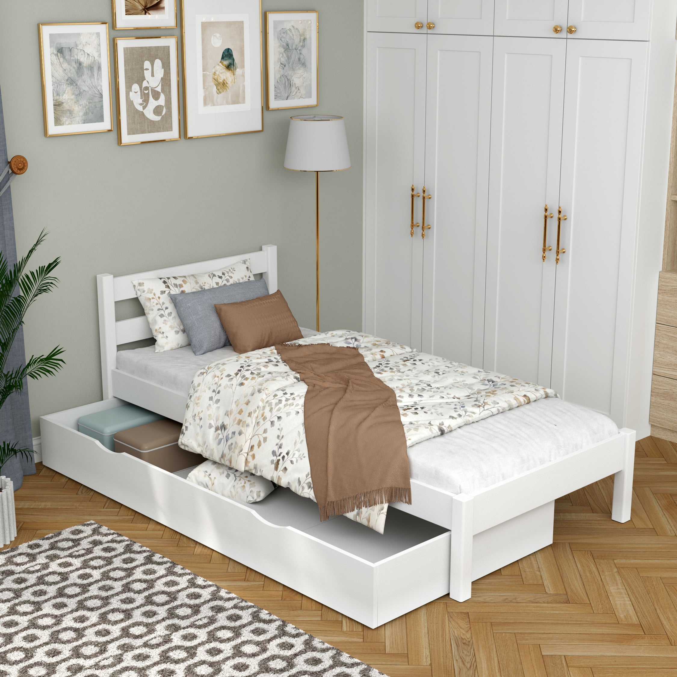 White Bed with Drawer – Spacious Storage, Wooden, for Children, Nizio