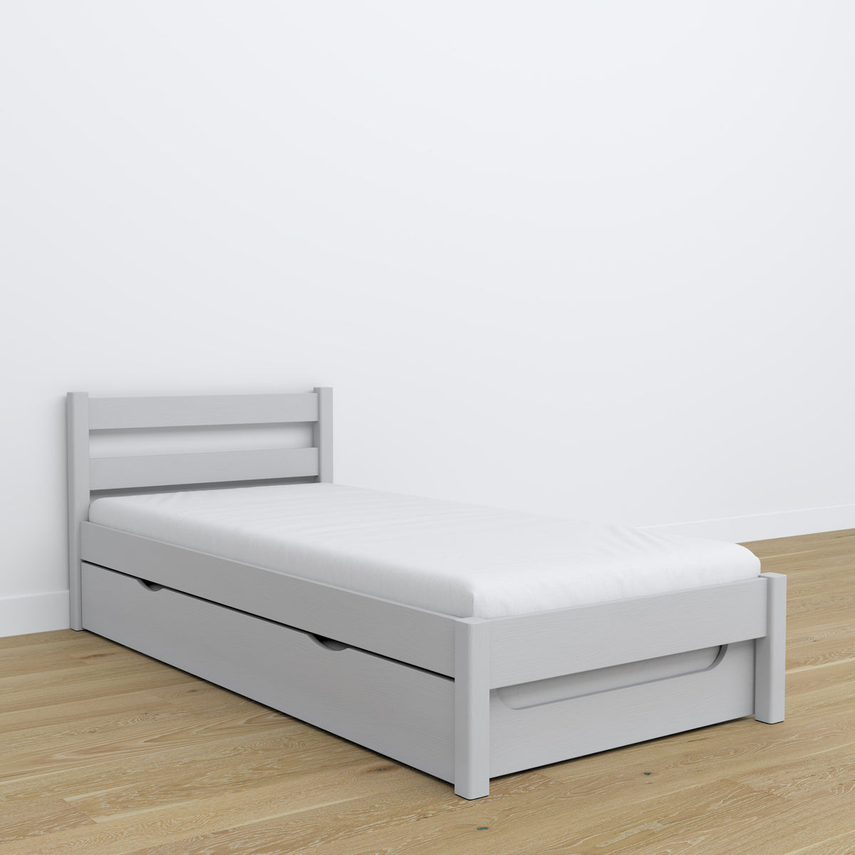 Wooden bed with mattress drawer grey – child’s room arrangement