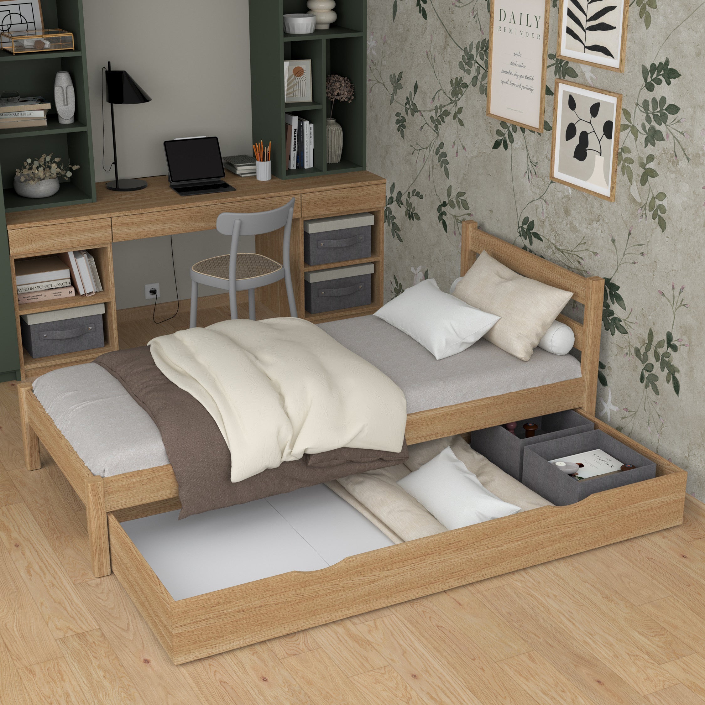 Lit chêne naturel z tiroir – rangement spacieux, en chêne, pour enfants Nizio