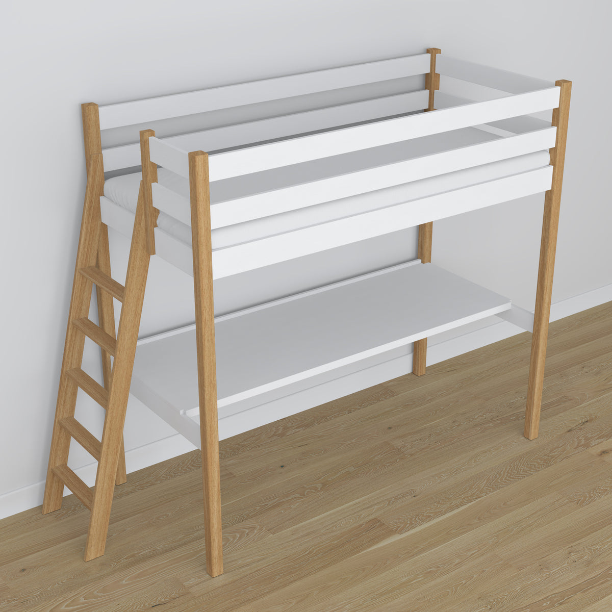 Hoogslaper met bureau houten wit-eiken – details verbindingen en ladder