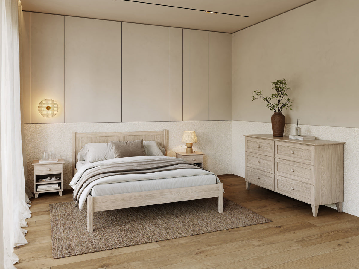 Tweepersoonsbed gewit eiken – eikenhouten hoofdeinde, close-up van houtskwaliteit