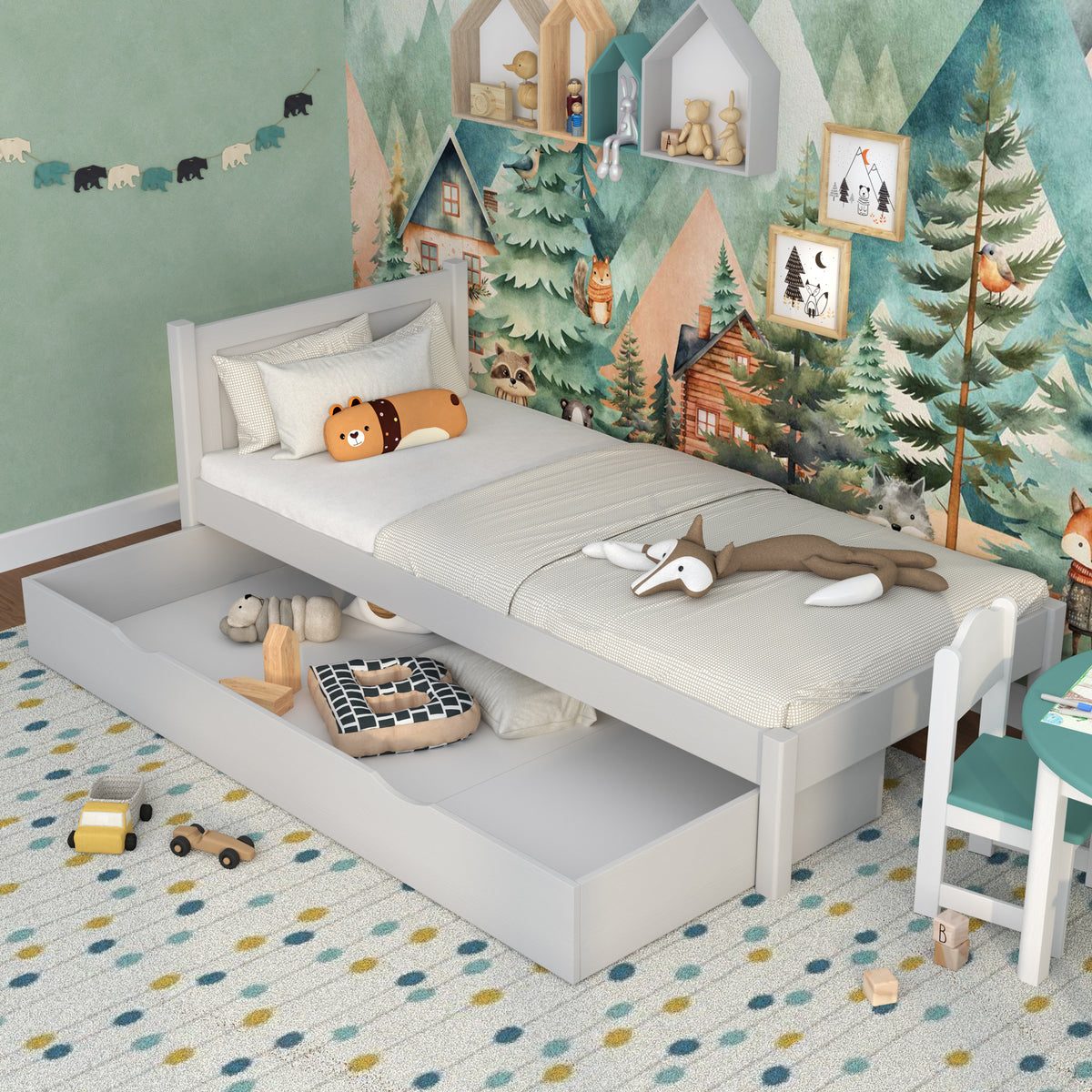 Bed grijs met lade – ruime opbergruimte, houten, voor kinderen Nizio