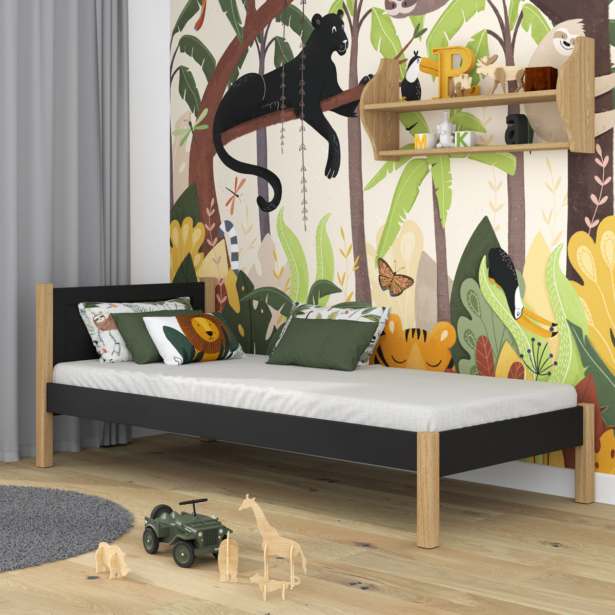 Lit simple en bois noir-chêne – vue de côté, proportions du meuble