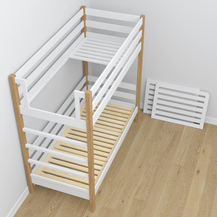 Stapelbed wit-eiken – houten timmerverbindingen, close-up, Nizio Home