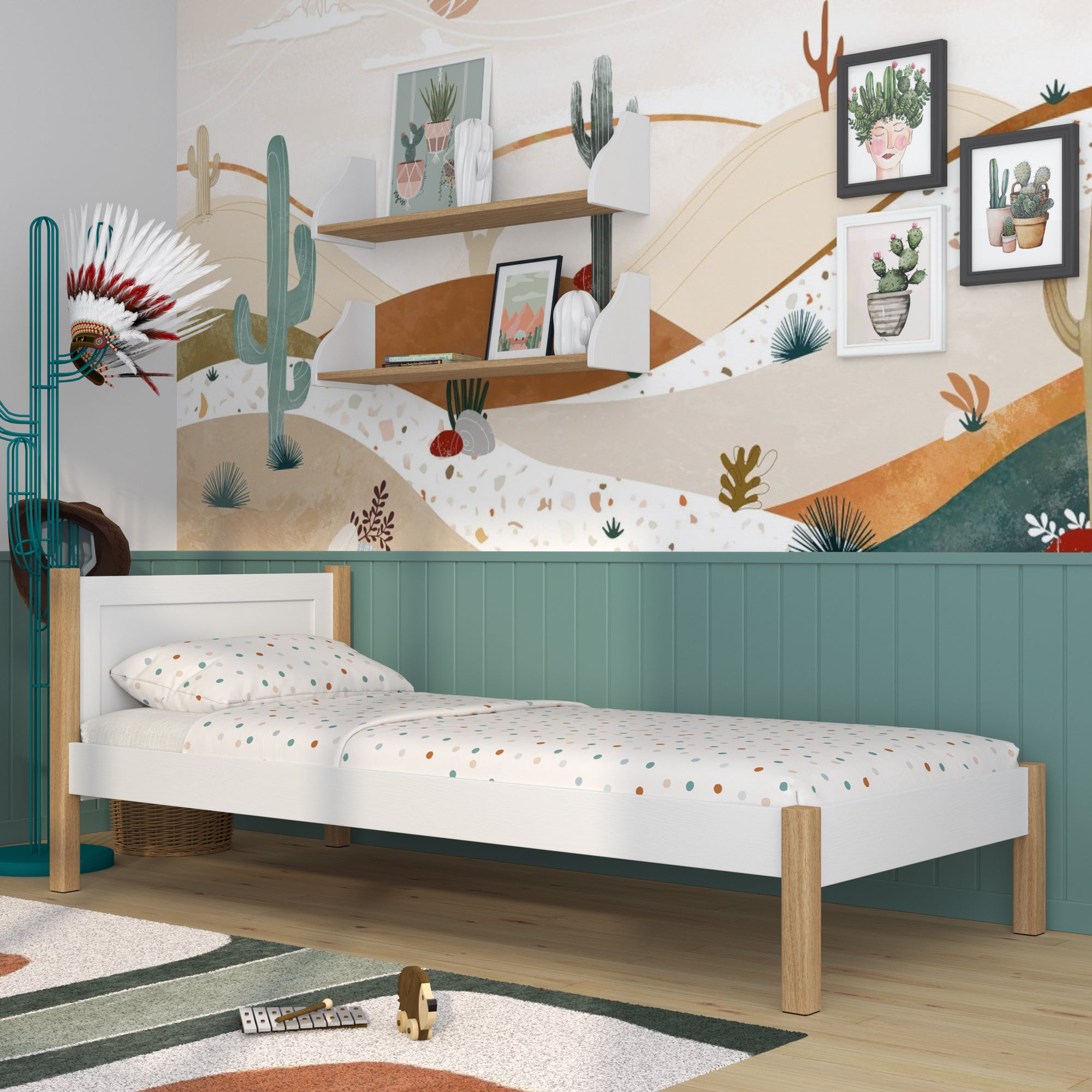 Lit simple en bois blanc-chêne – chambre d'enfant, bois massif, style scandinave