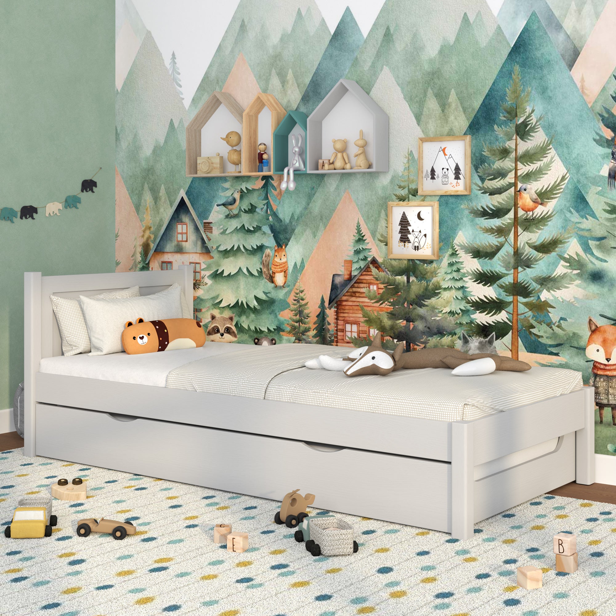 Lit gris z tiroir na dodatkowy matelas – en bois, pour enfants Nizio