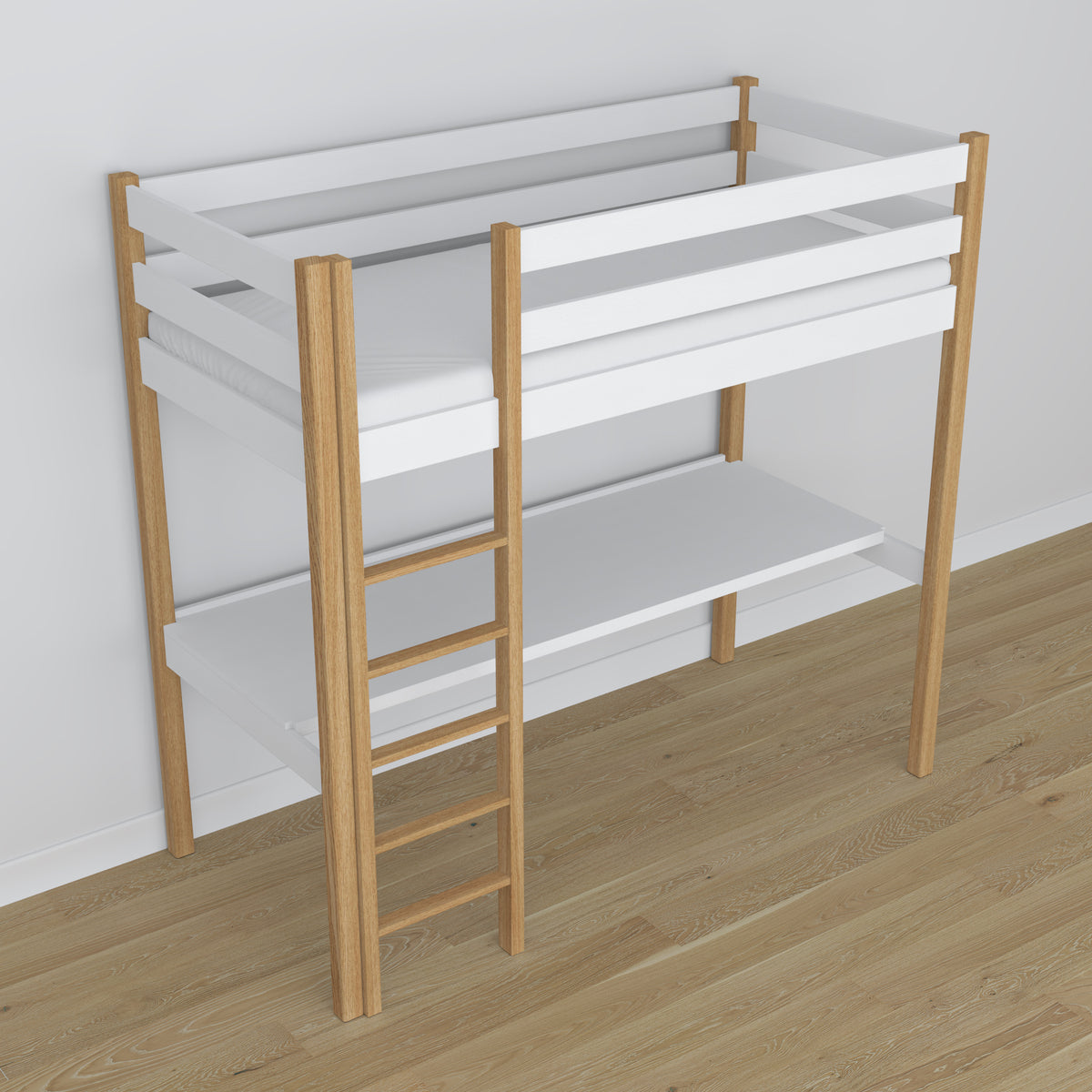 Łóżko na antresoli z biurkiem N05 biało dębowy – detal barierki ochronnej