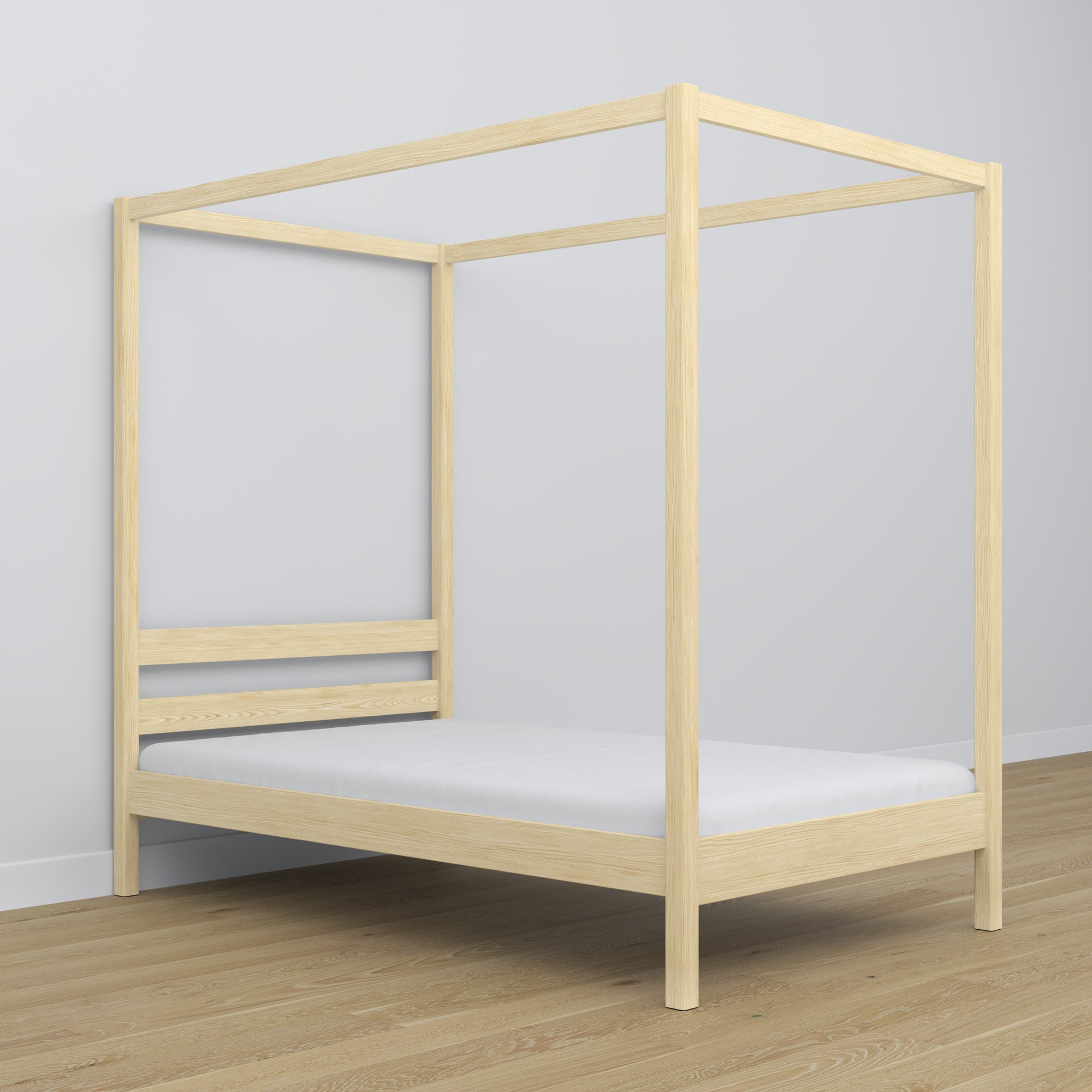 Bed transparant grenen met hemelbed – decoratief houten frame, veilig voor kinderen