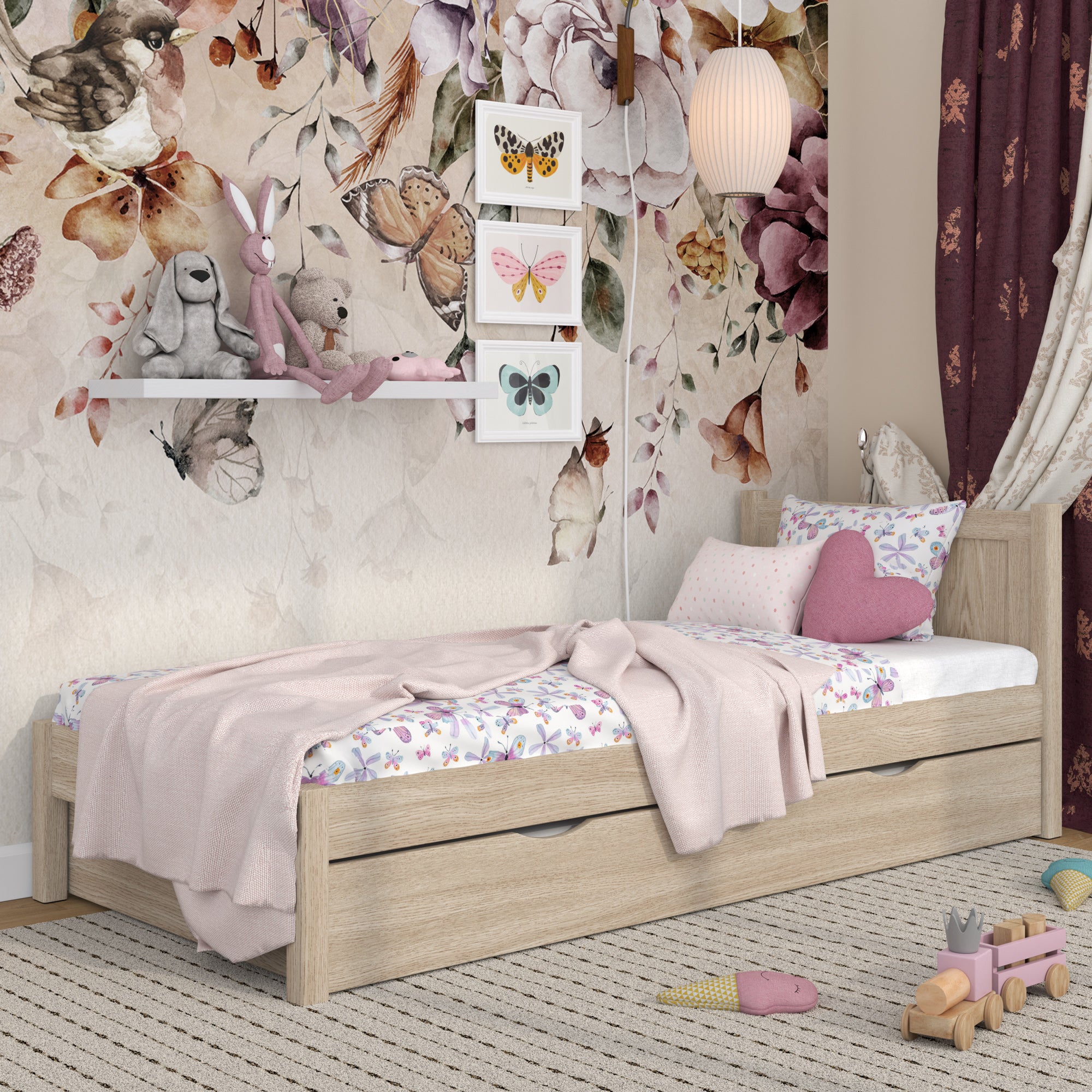 Bed gewit eiken met lade voor extra matras – eiken, voor kinderen Nizio