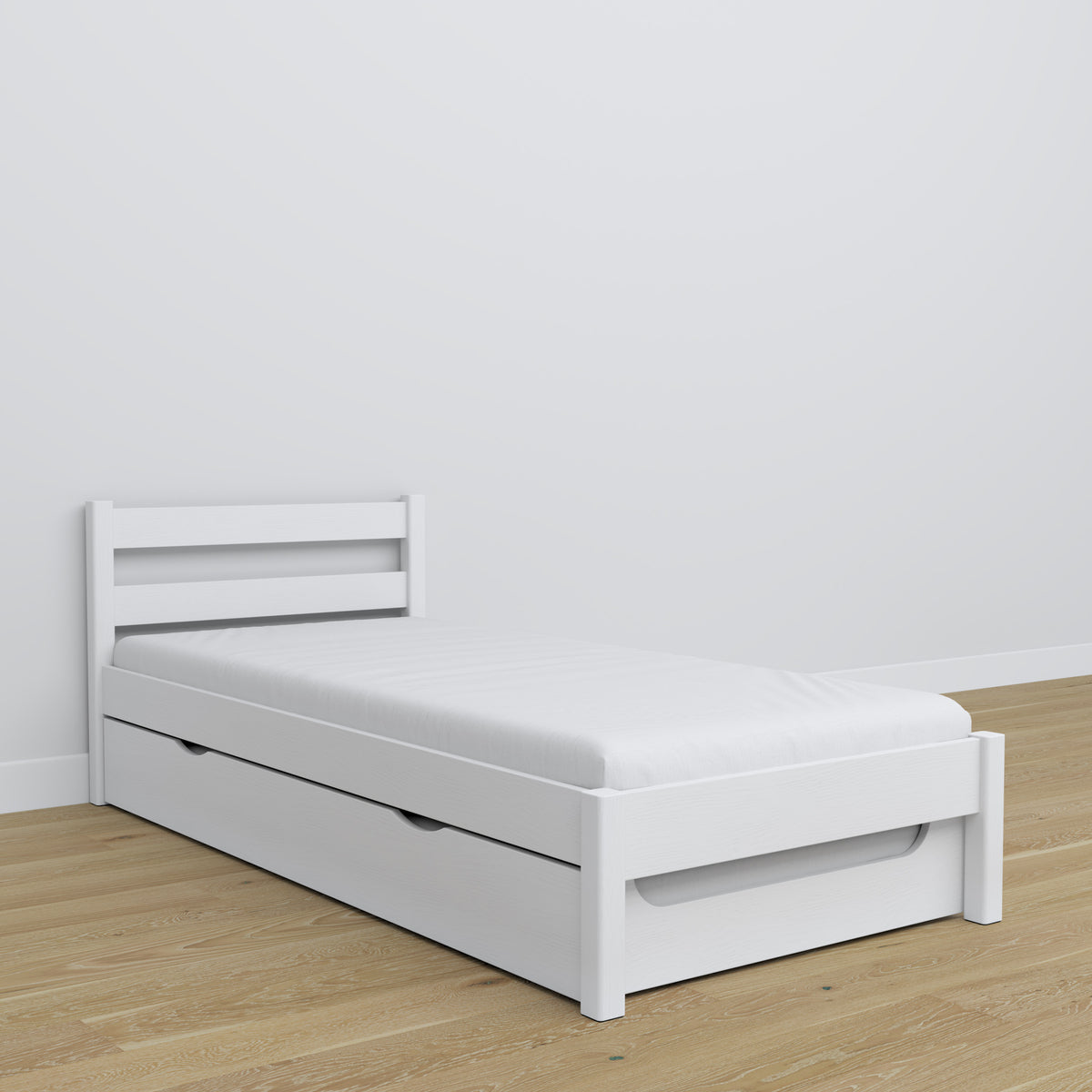 Wooden bed with mattress drawer white – child’s room arrangement