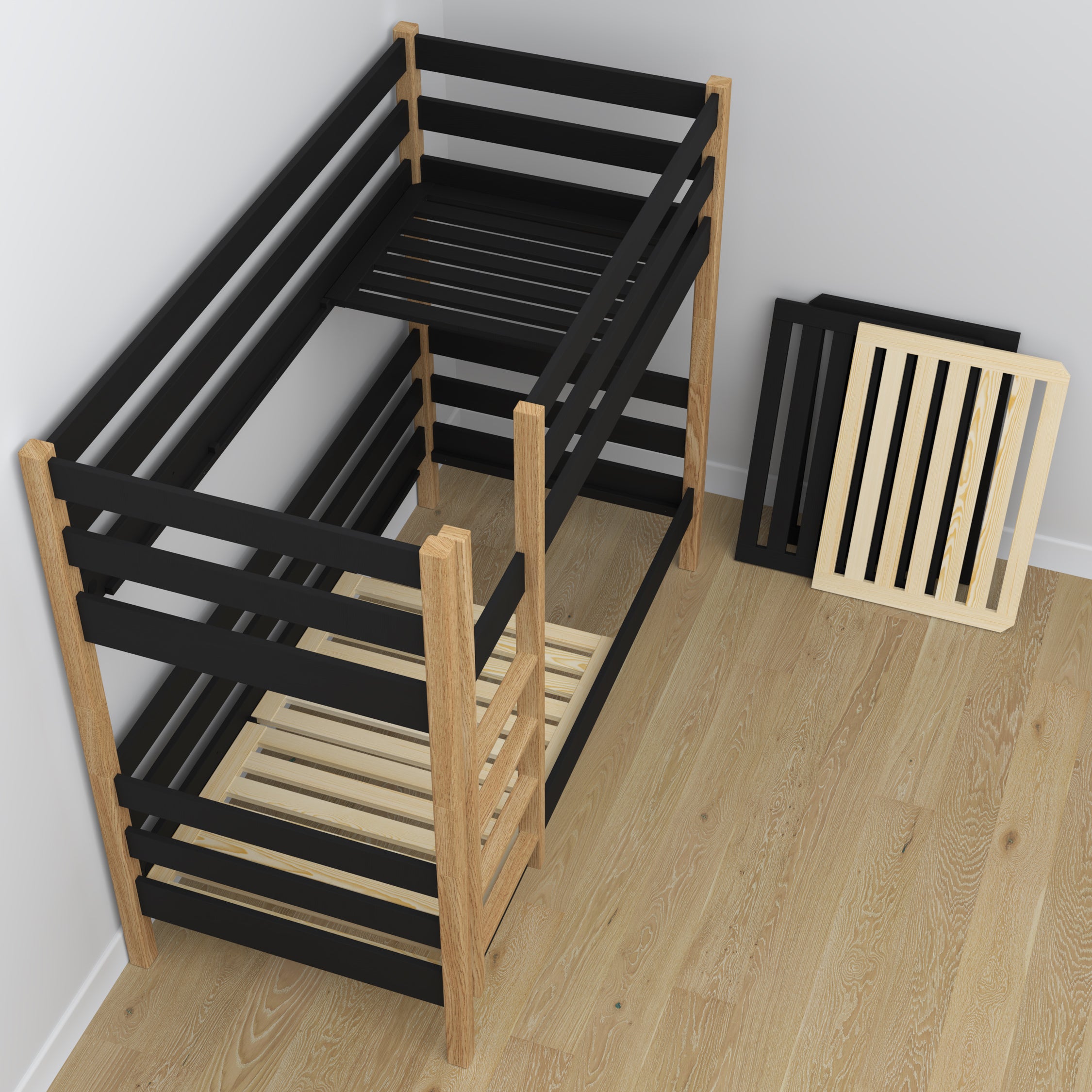 Bunk Bed with Mattress Drawer Black and Oak Wooden – Solid Wood, Scandi Style