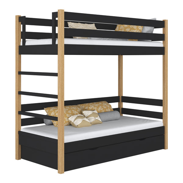 Lit superposé avec tiroir en bois noir-chêne – chambre d'enfant, bois massif, scandinave