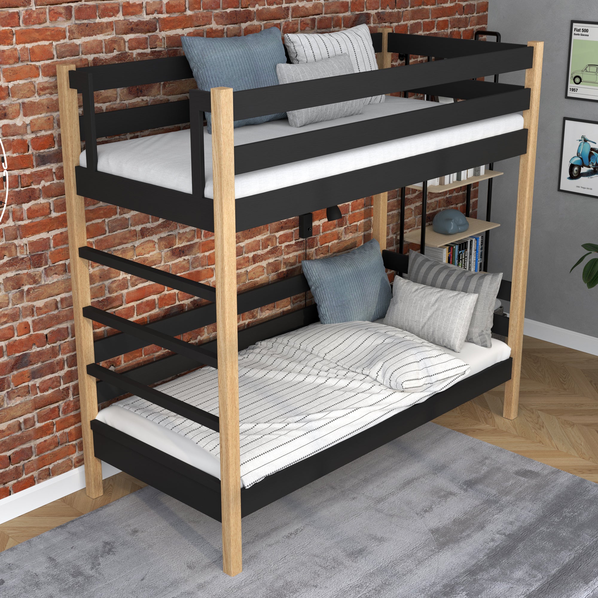 Stapelbed zwart-eiken in de kinderkamer – scandi inrichting, houten