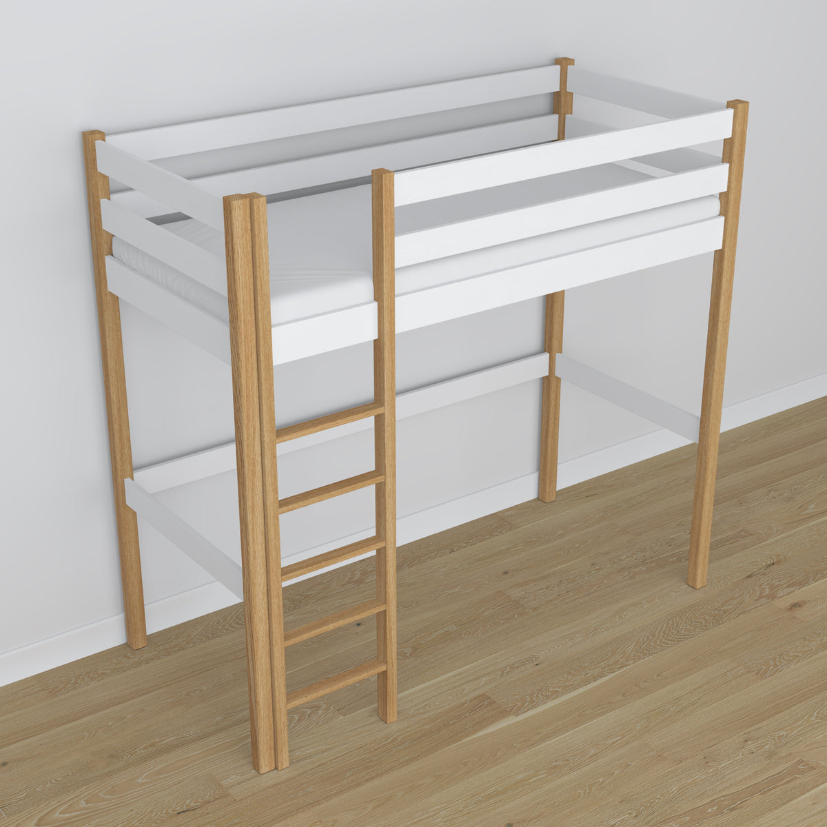 Houten hoogslaperbed wit-eiken in de kinderkamer – scandi inrichting, houten