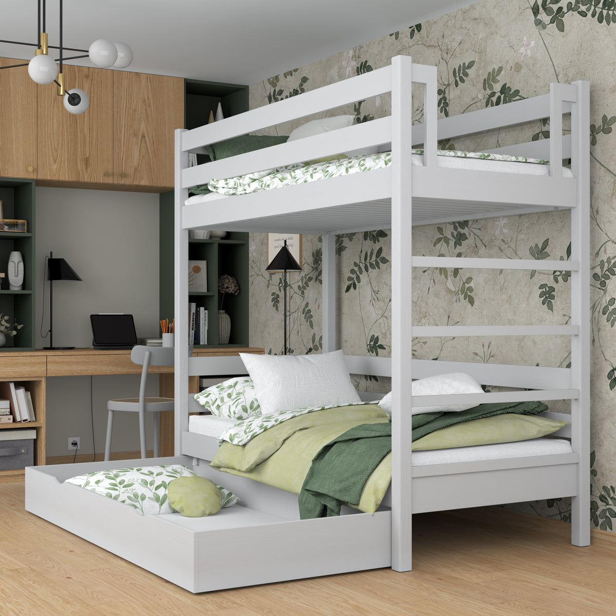 Stapelbed houten grijs – lade open, ruim bergvak onder het bed