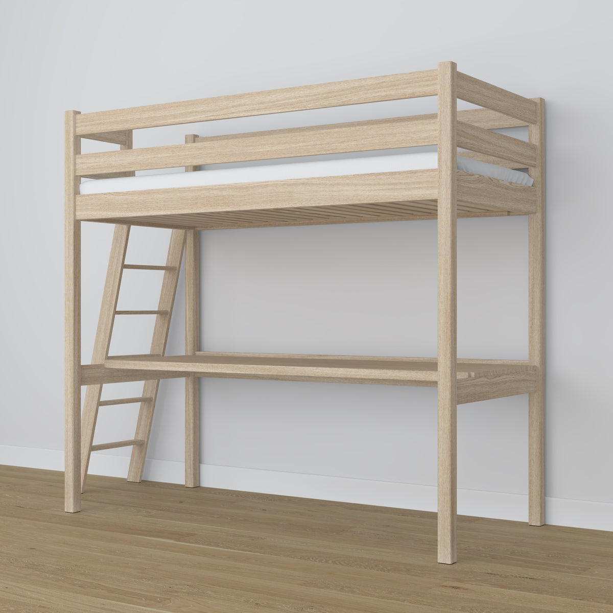 Hoogslaper met bureau eikenhouten gewit eiken – ladder en veiligheidsbeugel