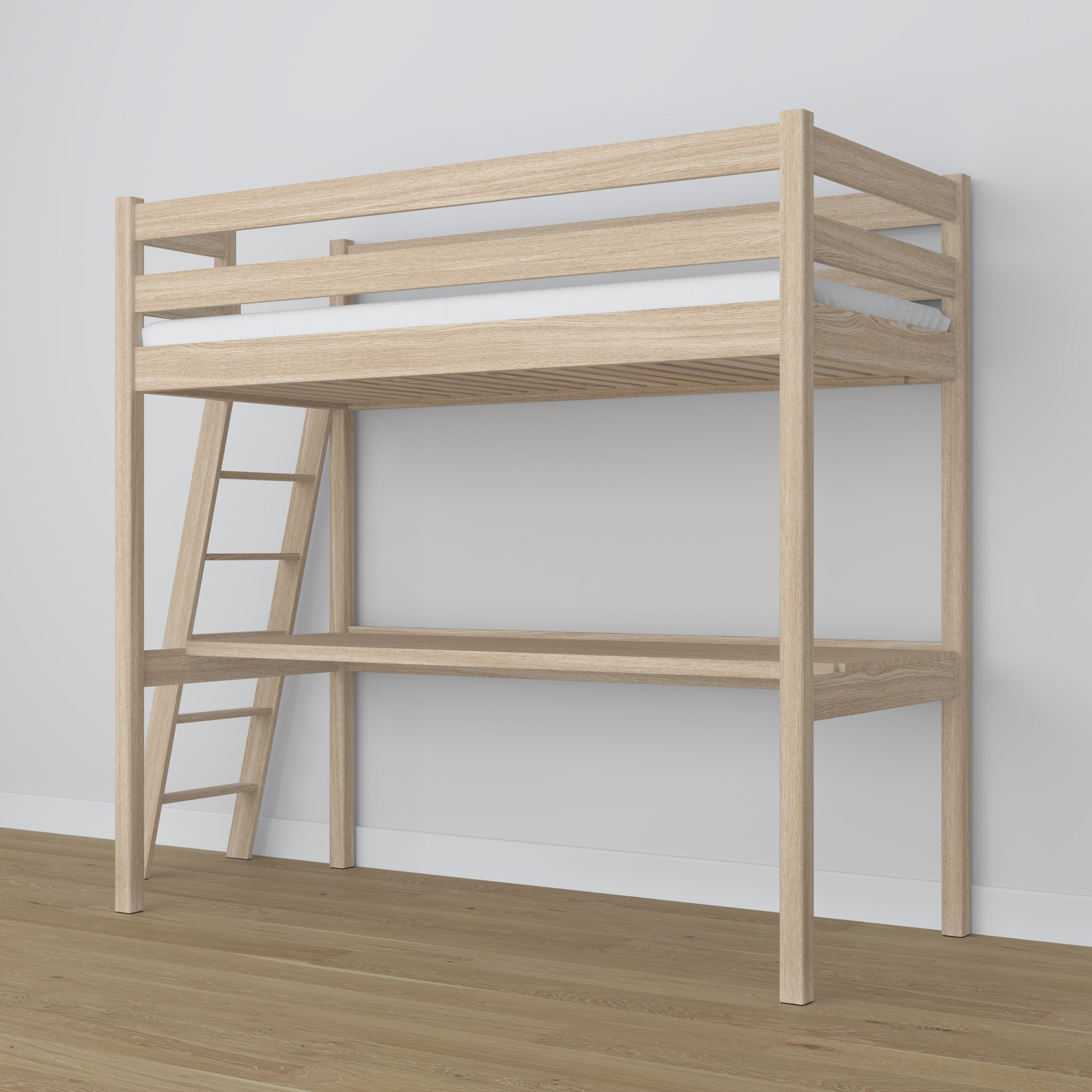 Hoogslaper met bureau eikenhouten gewit eiken – ladder en veiligheidsbeugel