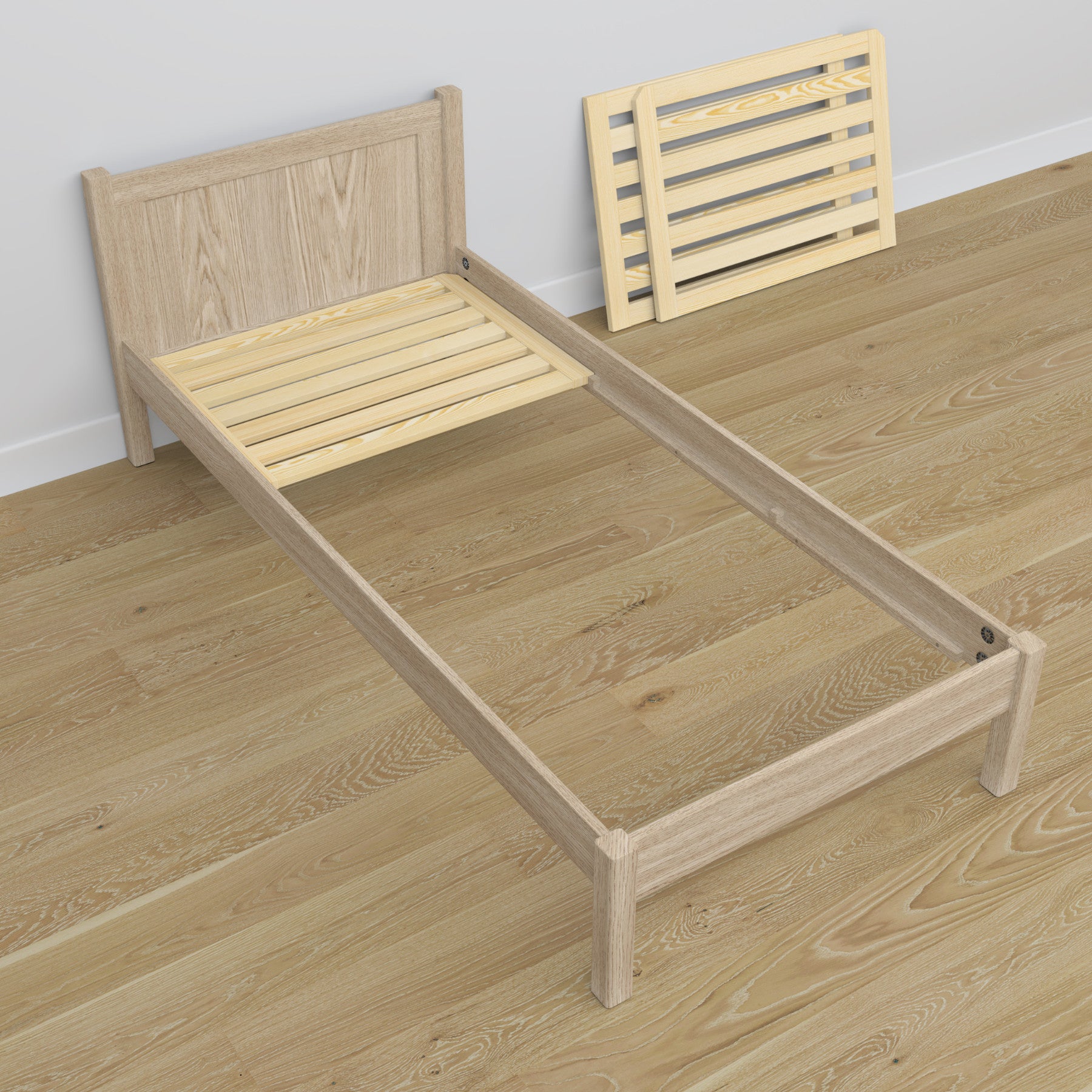 Lit simple en chêne chêne blanchi – vue en biais, chambre d'enfant scandinave